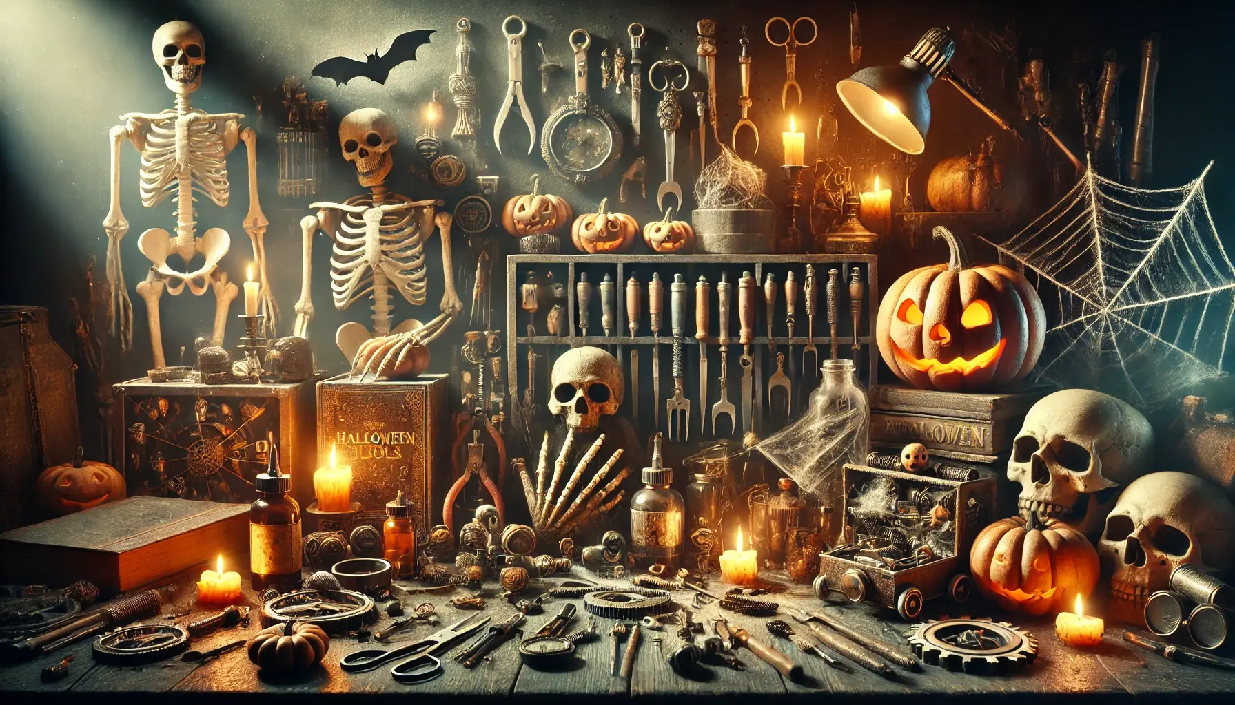 Bannerillustration: Stilisierter Werktisch mit Halloween Dekoration, KI-generiert (DALL·E) fiktionaler dekorierter Werktisch zu Halloween, KI generiert