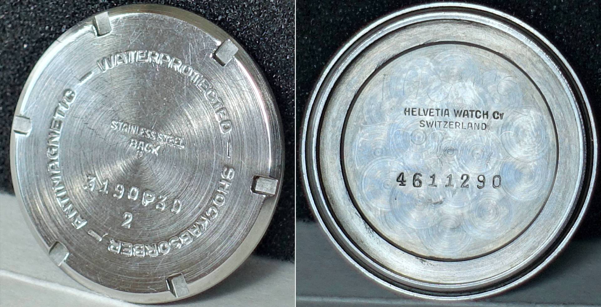Runder silberfarbener Edelstahlboden für Armbanduhren mit Gravur "Helvetia Watch Co Switzerland" und Seriennummer.