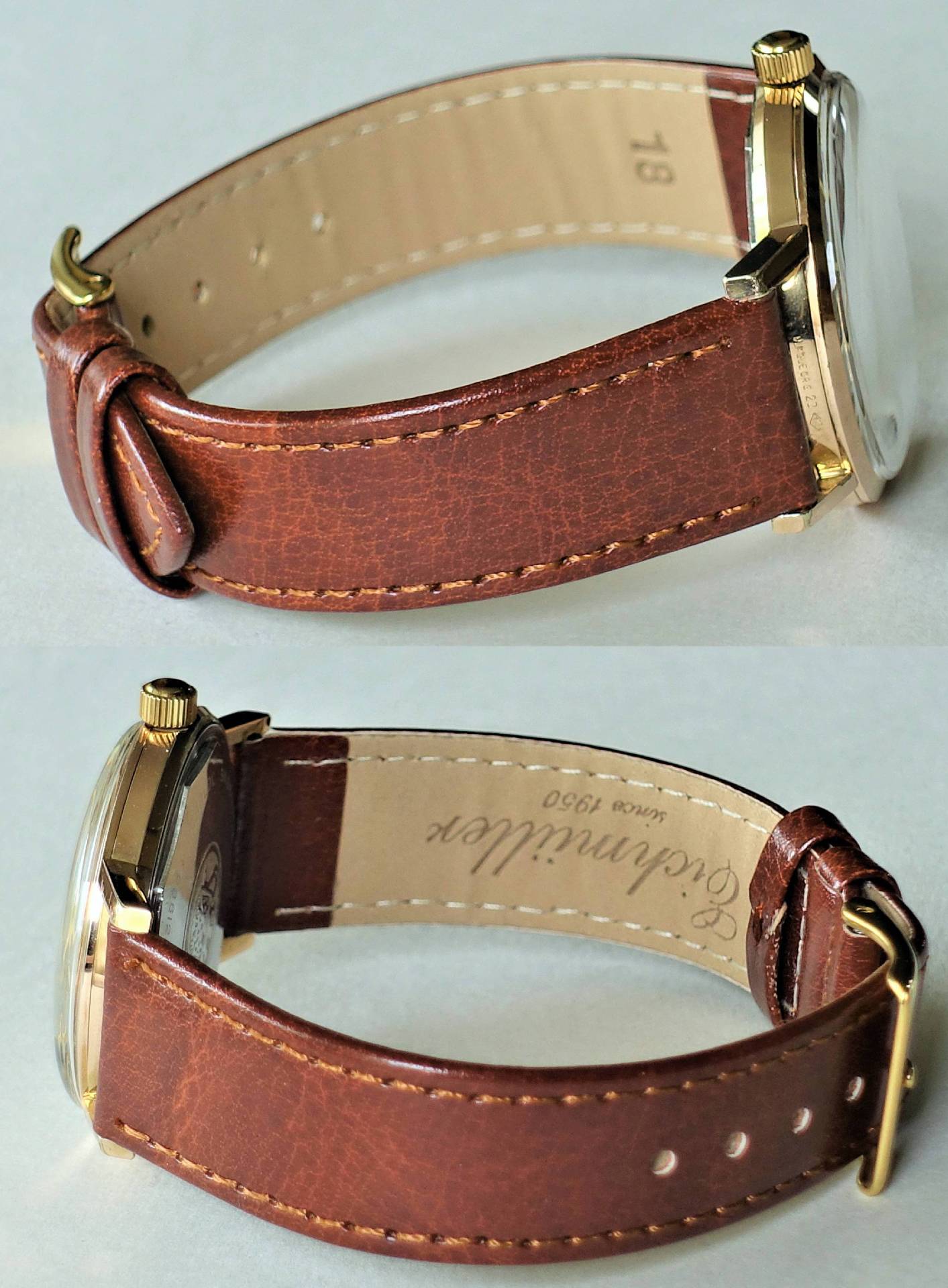 Armbanduhr mit braunem Lederarmband und goldfarbenem Gehäuse.