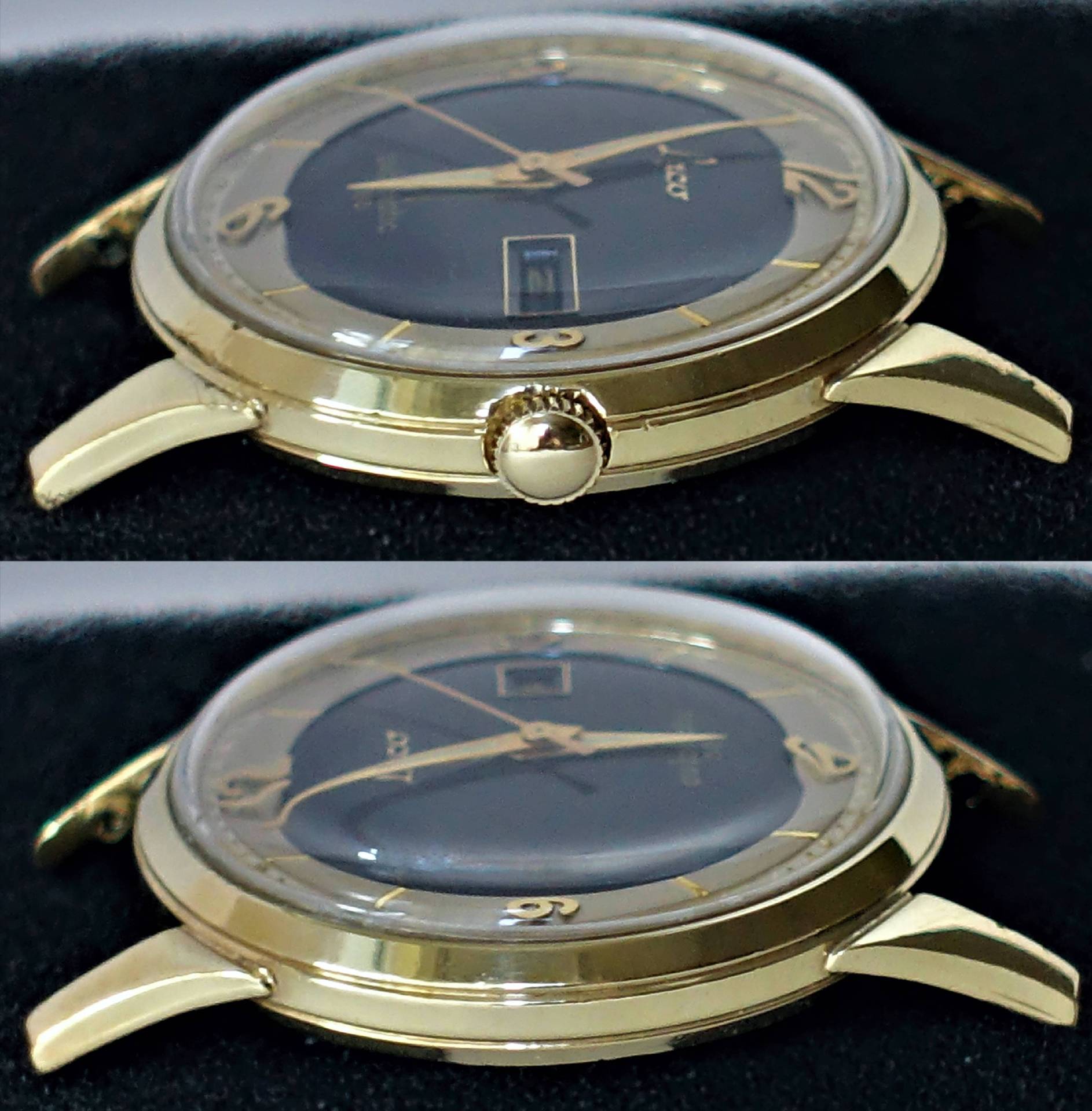 Goldfarbene Armbanduhr mit schwarzem Zifferblatt und goldenen Zeigern.