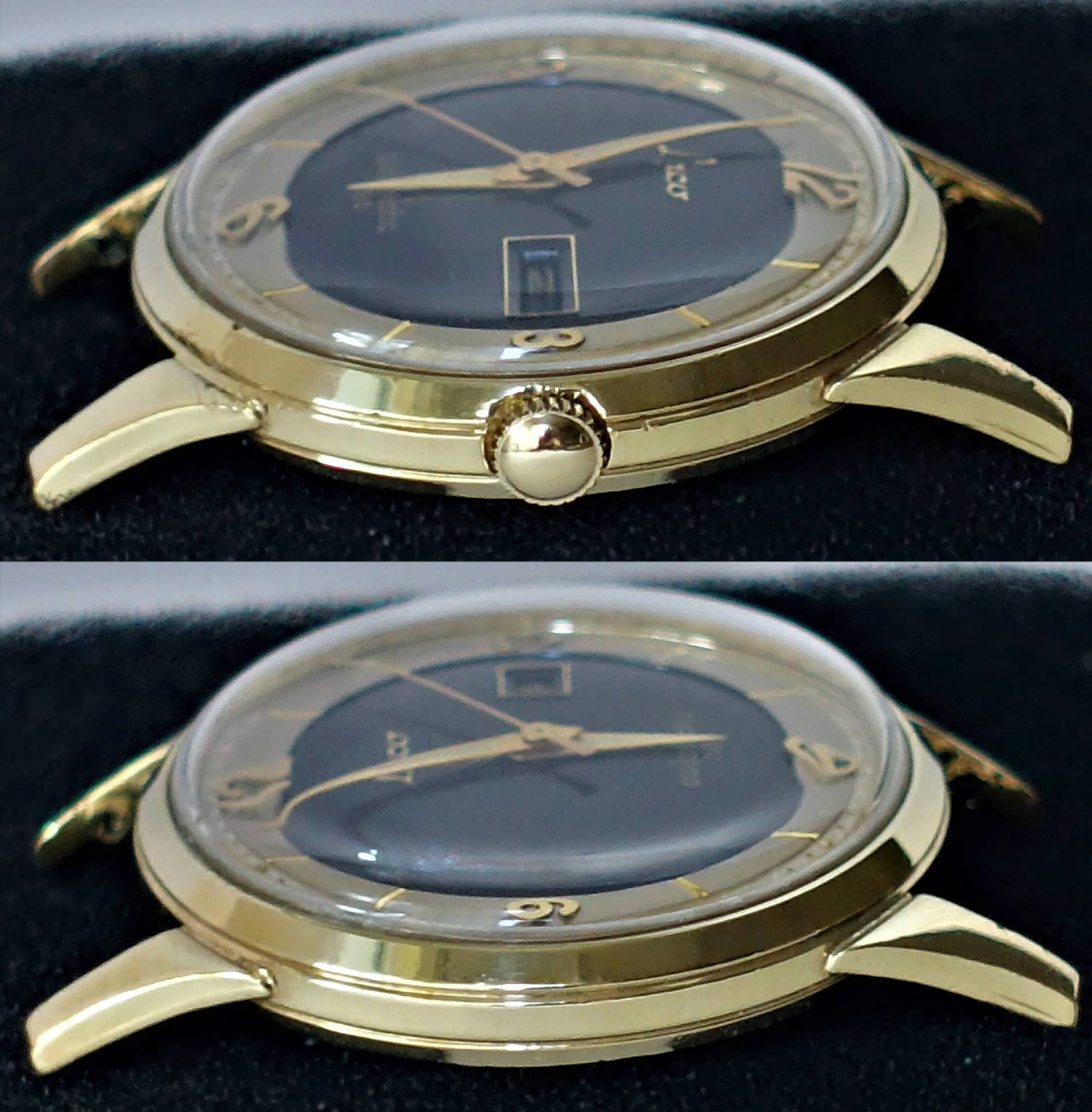 Goldfarbene Armbanduhr mit schwarzem Zifferblatt und goldenen Zeigern.