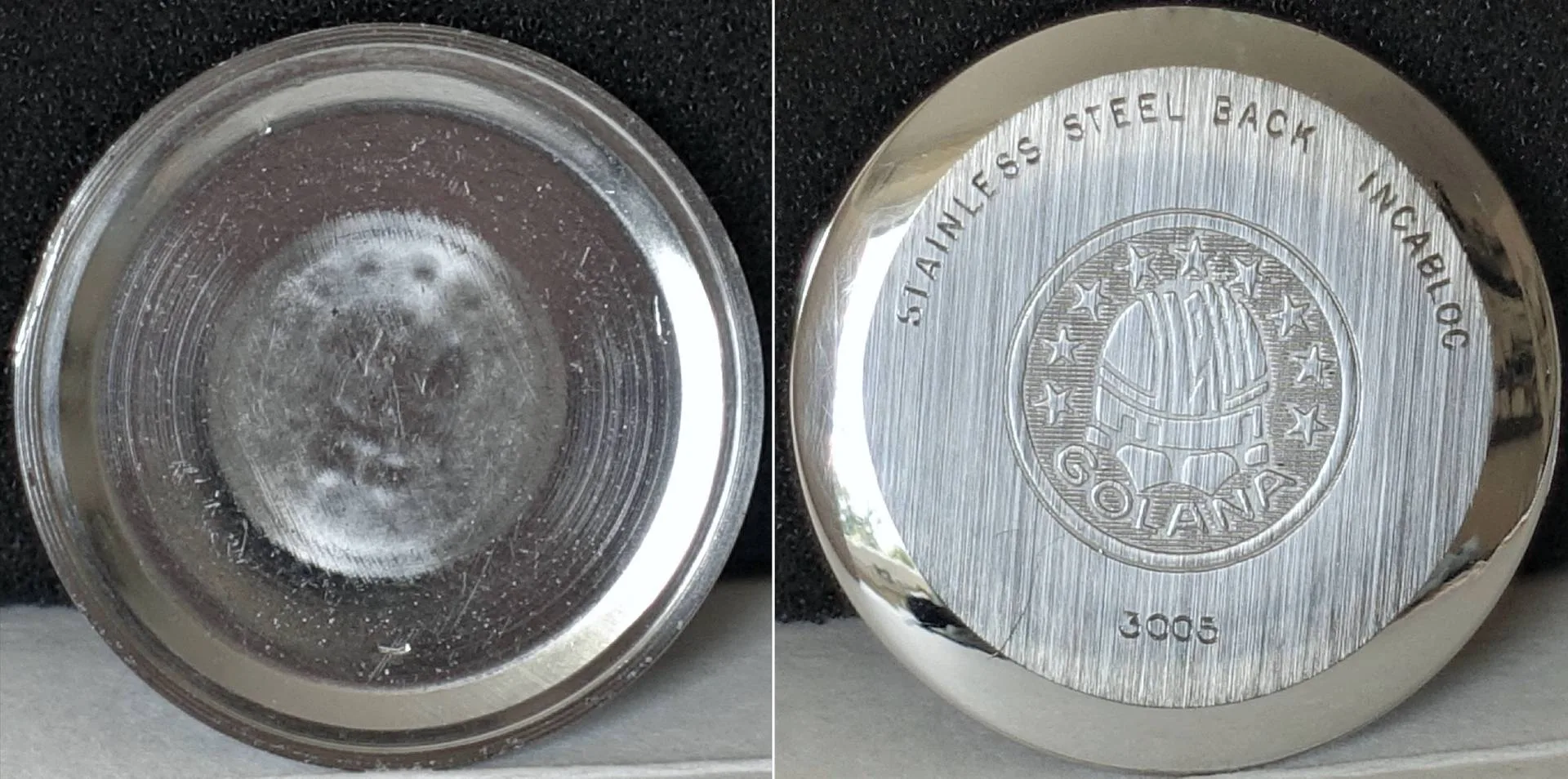 Gehäuseboden silberfarben Runder silberfarbener Gehäuseboden mit Gravur und Schriftzug für Armbanduhren.