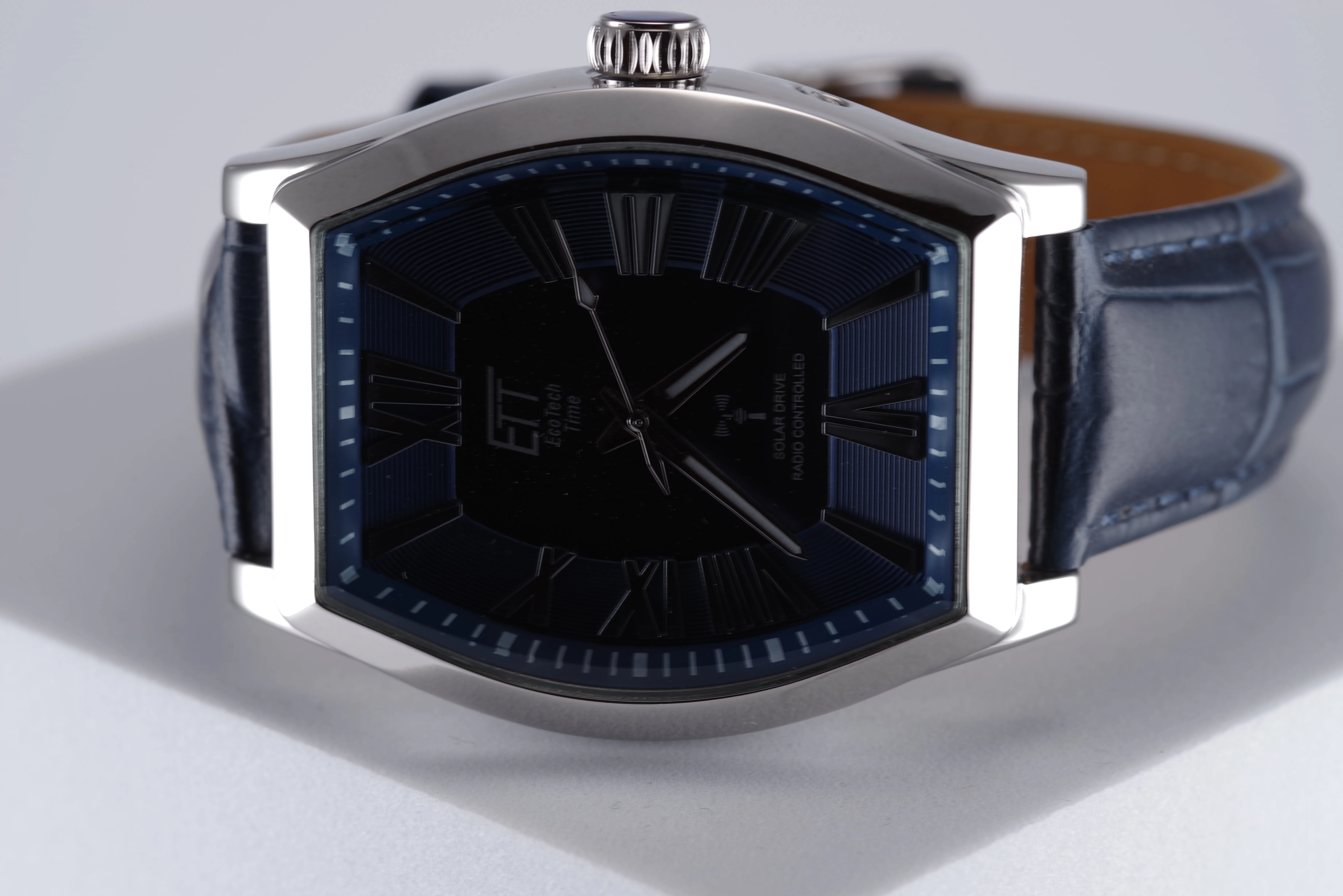 ETT Herren-Armbanduhr Funk Solar Quarz blaues Ziffernblatt silberfarbenes Gehäuse blaues Armband