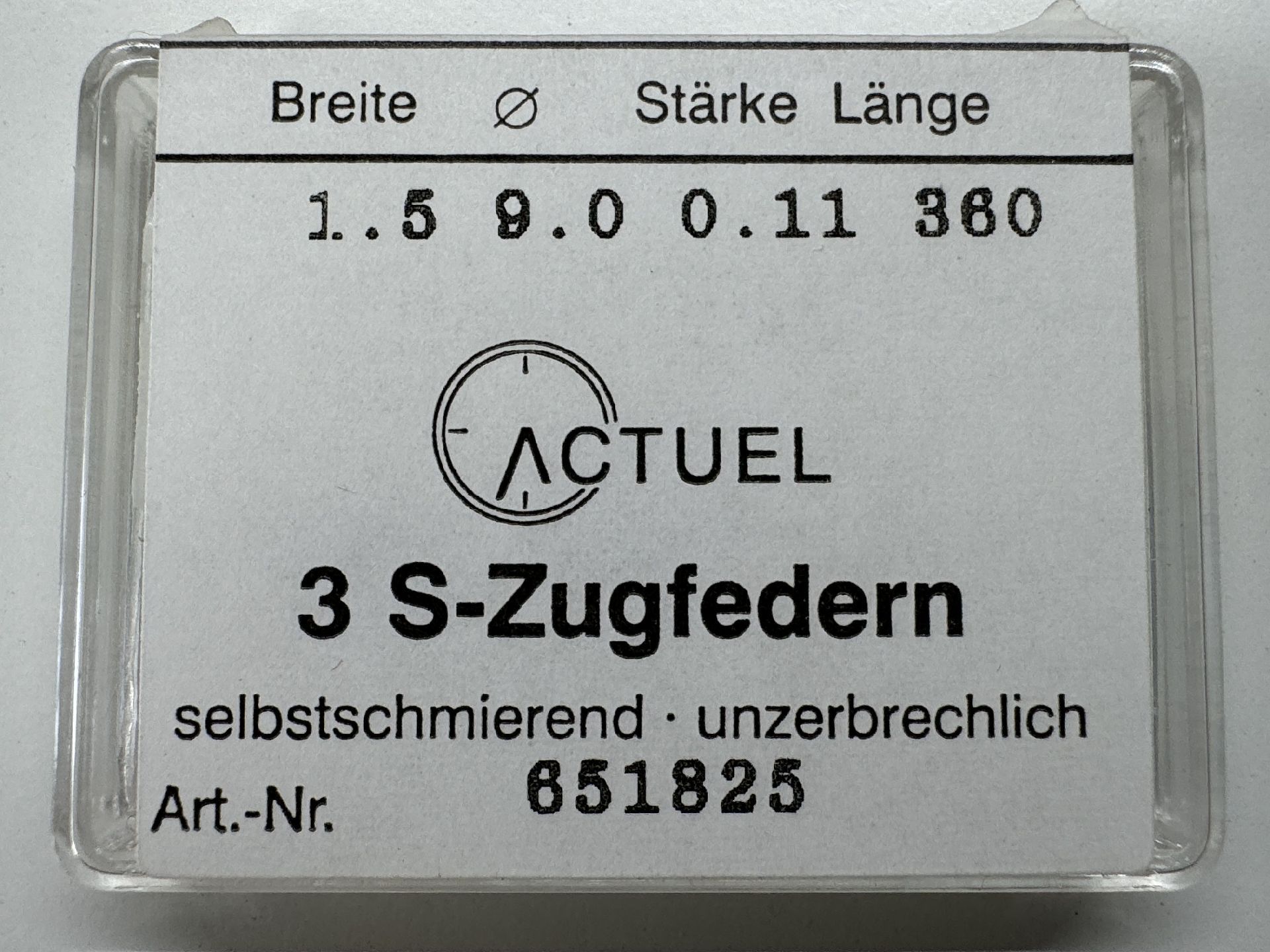 Verpackung mit drei selbstschmierenden Zugfedern für Uhren von ACTUEL.