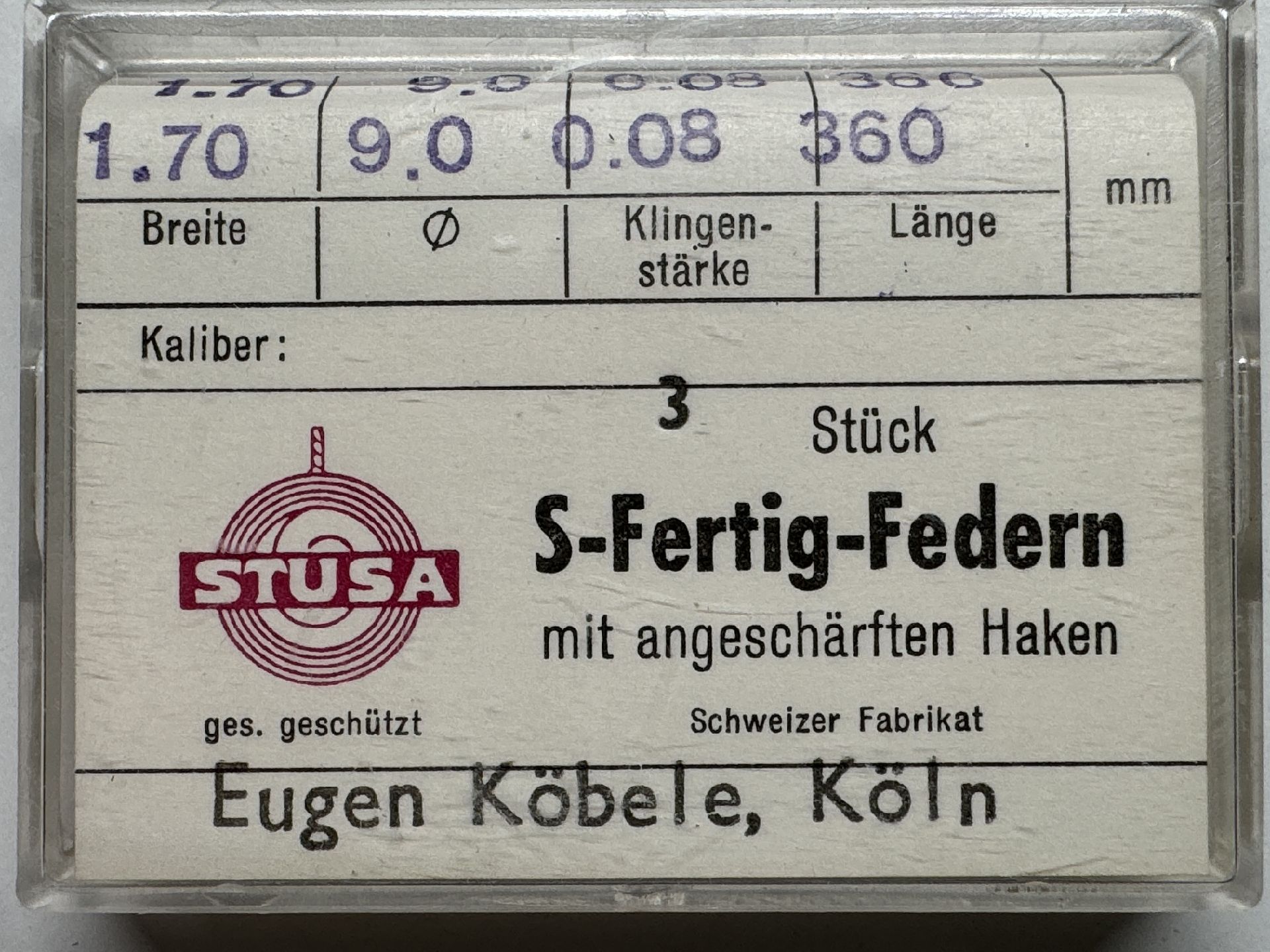 Verpackung mit drei Uhrwerksfedern der Marke STUSA für Uhrenreparatur.
