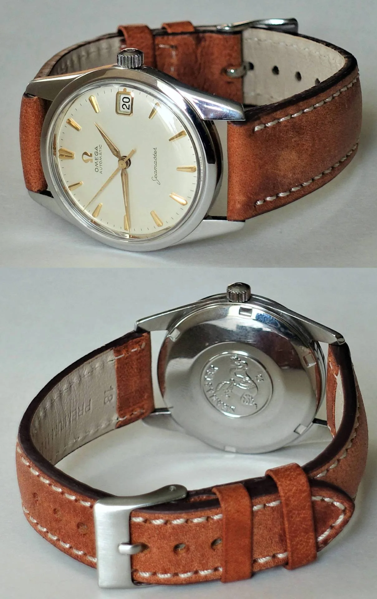 Armbanduhr silberfarben braun Silberfarbene Armbanduhr mit hellem Zifferblatt und braunem Lederarmband.