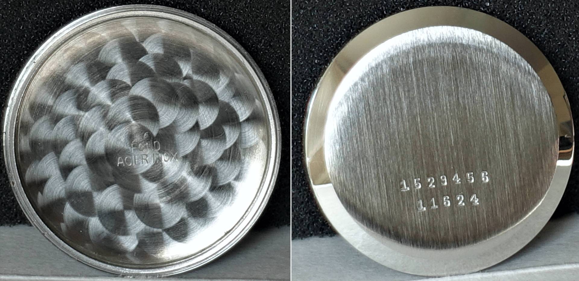 Runder silberfarbener Gehäuseboden für Armbanduhren mit Gravur auf der Außenseite.