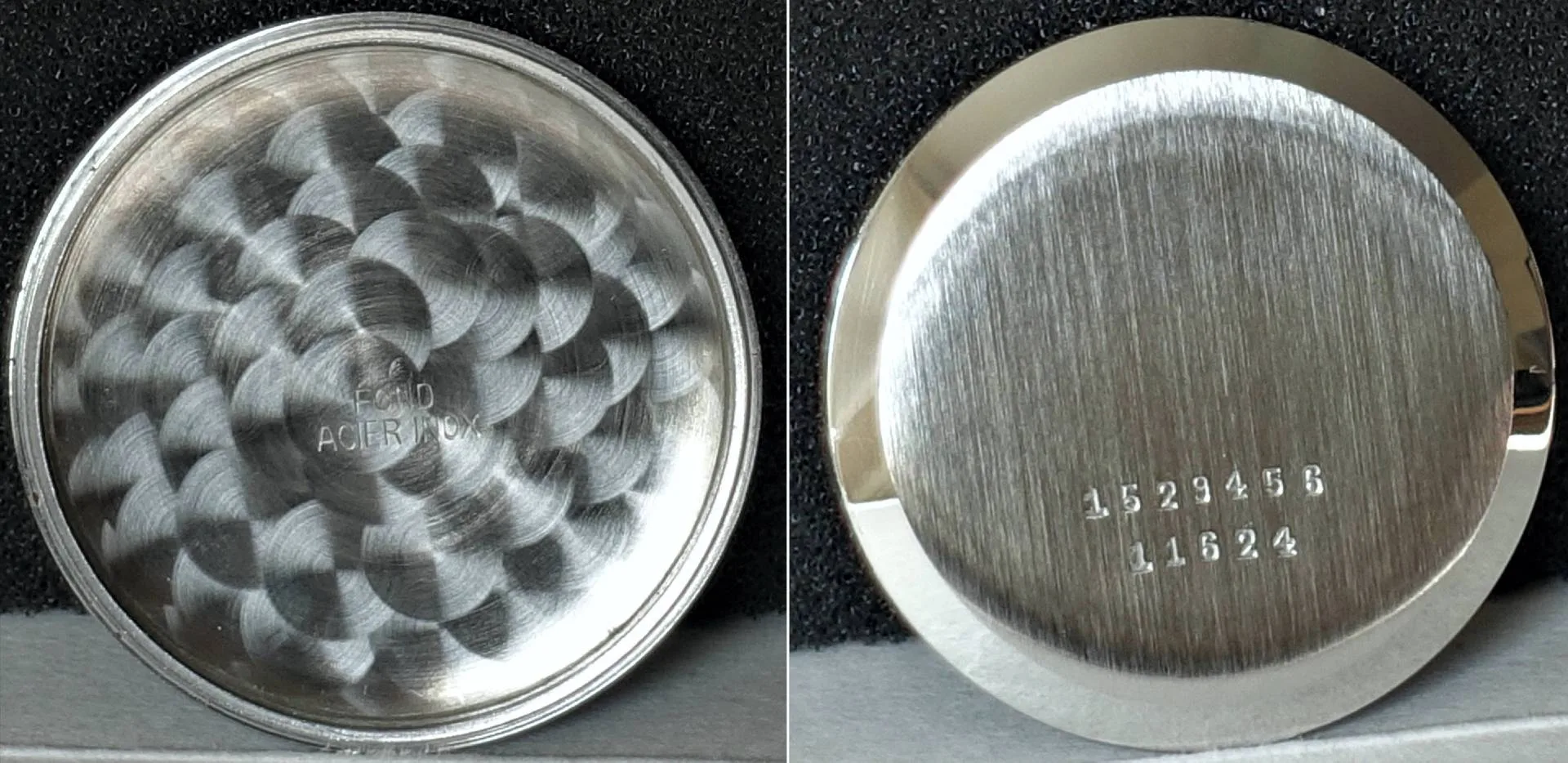 Gehäuseboden silberfarben Runder silberfarbener Gehäuseboden für Armbanduhren mit Gravur auf der Außenseite.