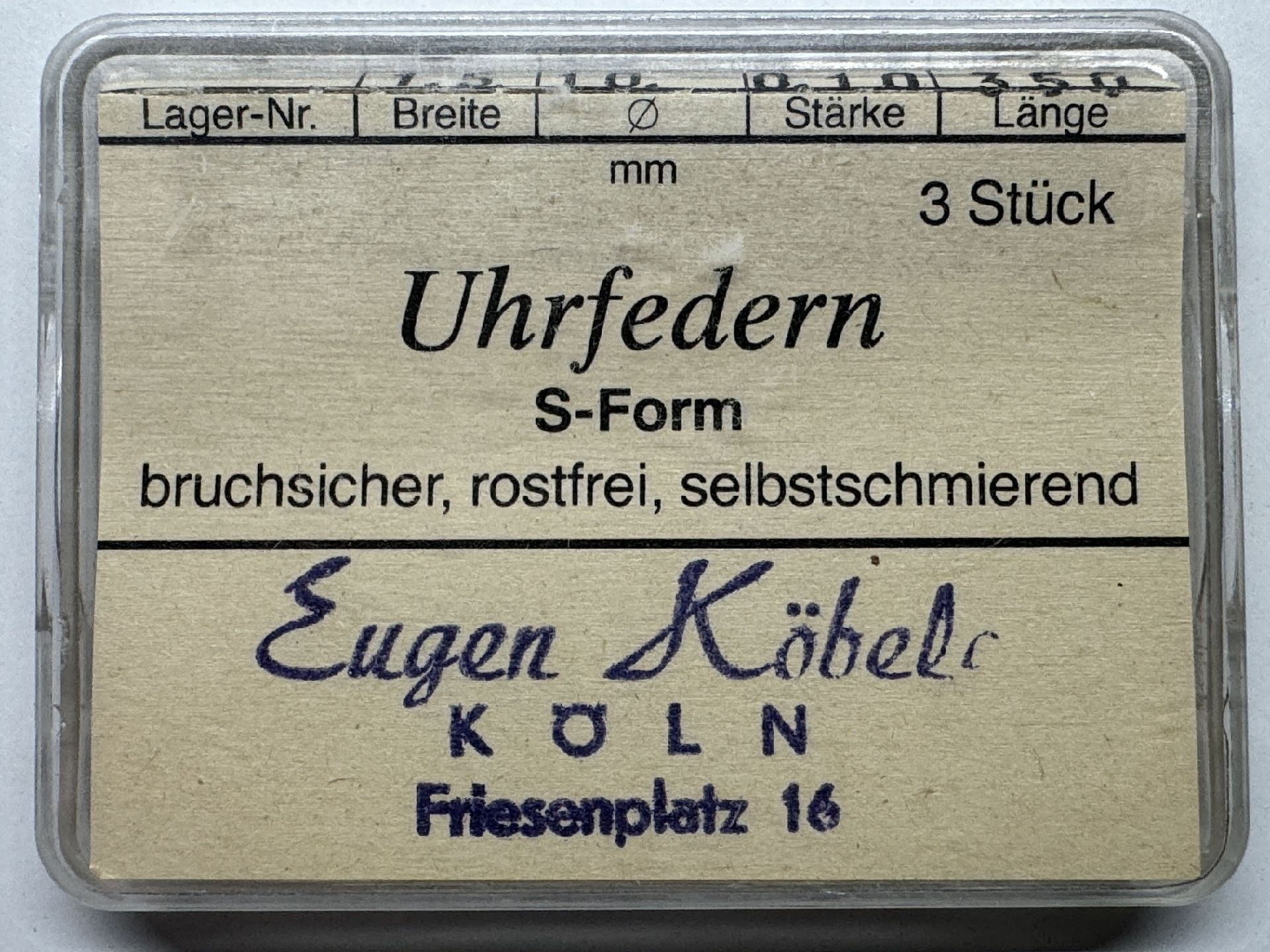 Verpackung mit drei bruchsicheren, rostfreien Uhrfedern in S-Form.