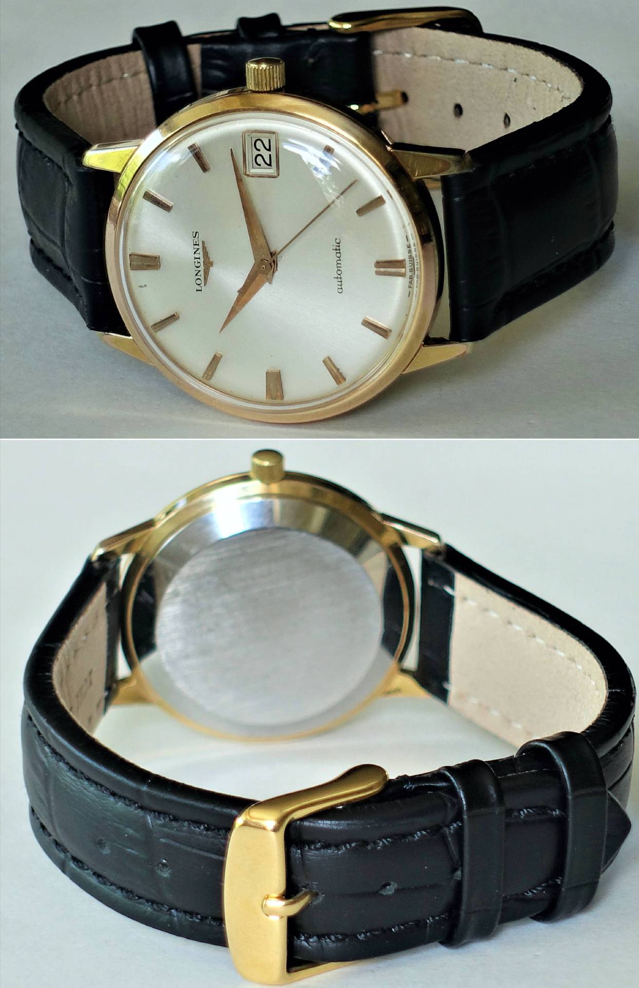 Goldfarbene Armbanduhr mit schwarzem Lederarmband und silberfarbenem Zifferblatt, Datumsanzeige bei drei Uhr.