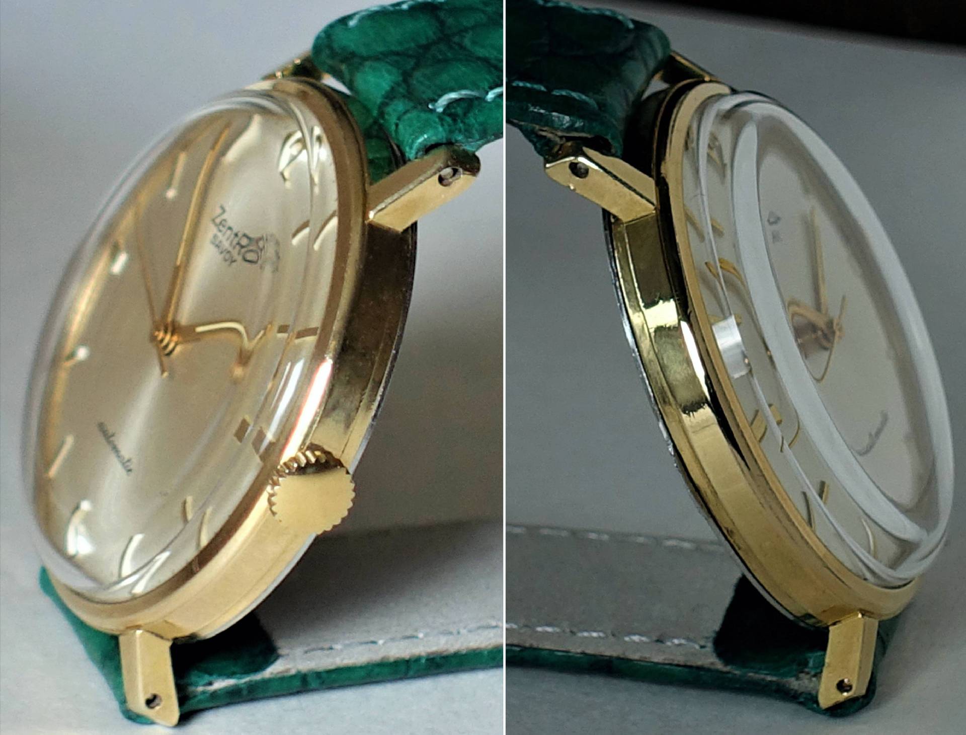 Goldfarbene Armbanduhr mit grünem Armband und hellem Zifferblatt.
