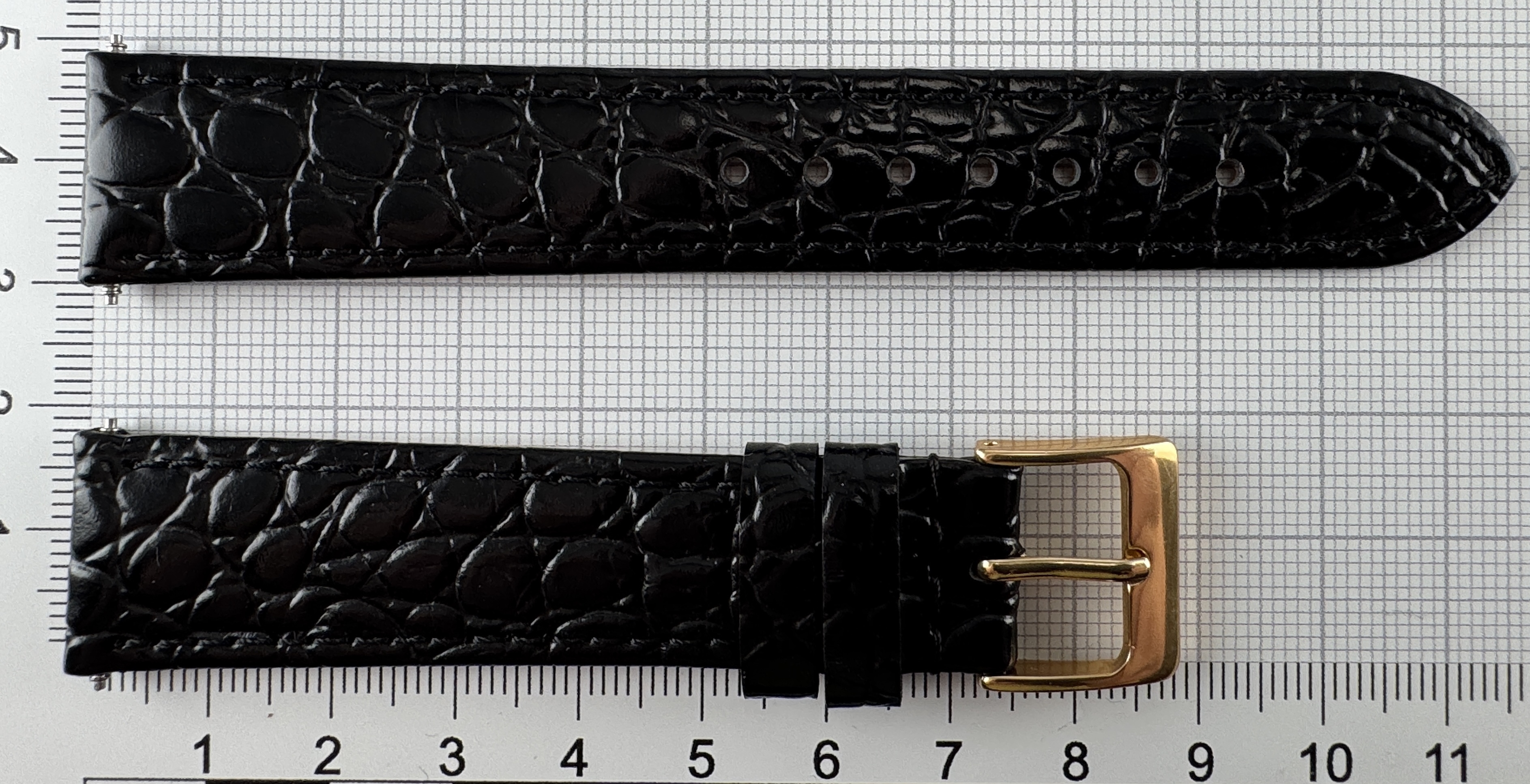 Uhrenarmband Leder 18mm schwarz - Kalbsleder mit Krokodilstruktur - 16mm vergoldet