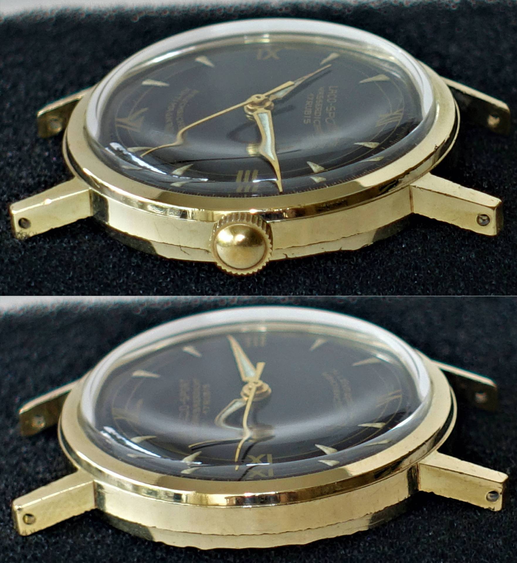 Schwarze Armbanduhr mit goldfarbenem Gehäuse und goldfarbenen Zeigern auf dunklem Zifferblatt.