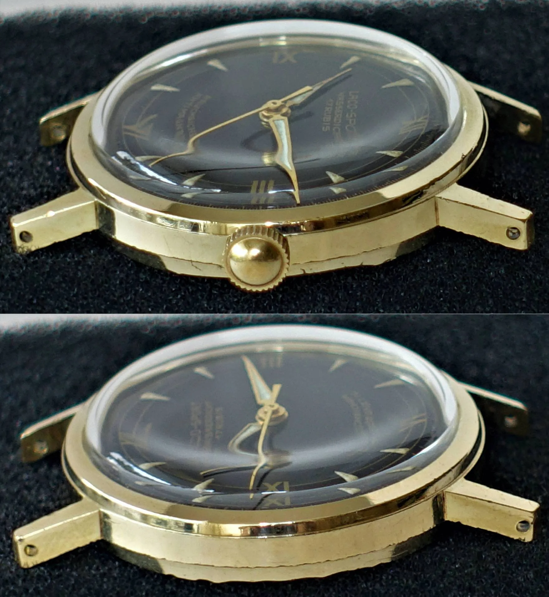 Armbanduhr schwarz goldfarben Schwarze Armbanduhr mit goldfarbenem Gehäuse und goldfarbenen Zeigern auf dunklem Zifferblatt.
