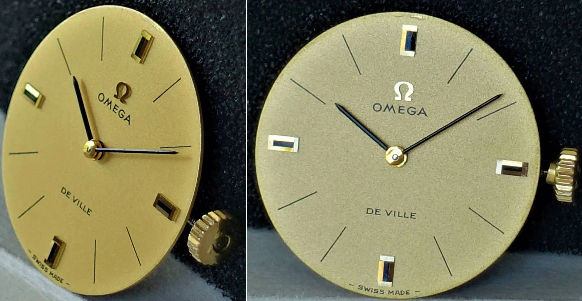 Zifferblatt Omega De Ville Goldenes Zifferblatt mit schwarzen Zeigern und goldfarbener Krone, Aufschrift "Omega De Ville".