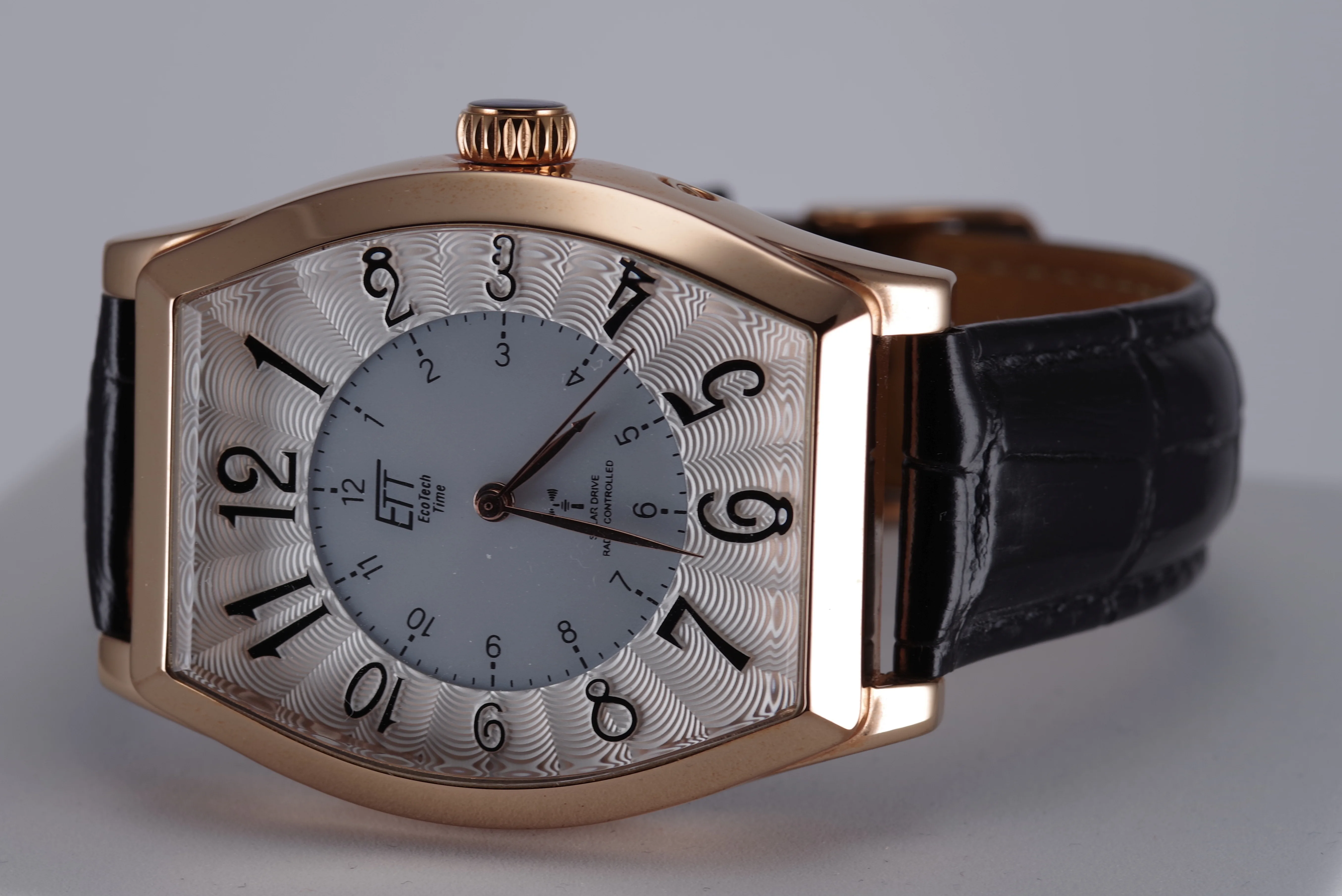 ETT Herren-Armbanduhr Funk Solar Quarz goldfarbenes Gehäuse schwarzes Armband ETT Herren-Armbanduhr Funk Solar Quarz goldfarbenes Gehäuse schwarzes Armband
