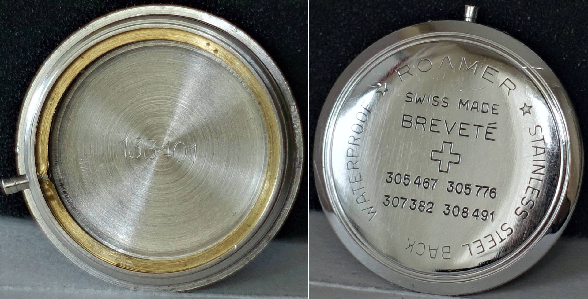 Silberfarbener Edelstahlboden für Roamer Armbanduhr mit Gravuren und Referenznummern.