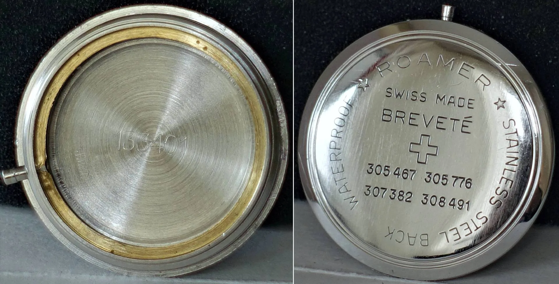 Silberfarbener Edelstahlboden für Roamer Armbanduhr mit Gravuren und Referenznummern.