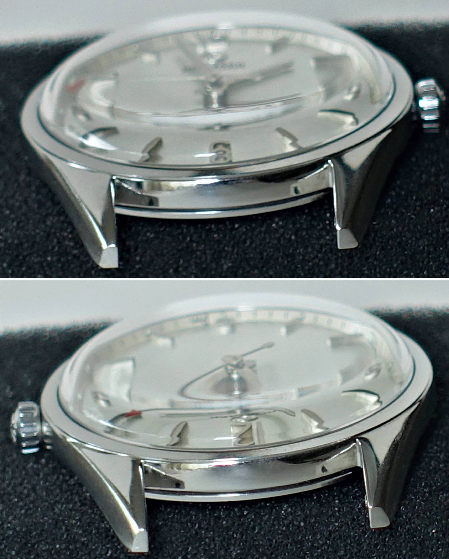 Silberfarbene Armbanduhr mit hellem Zifferblatt und gewölbtem Glas.