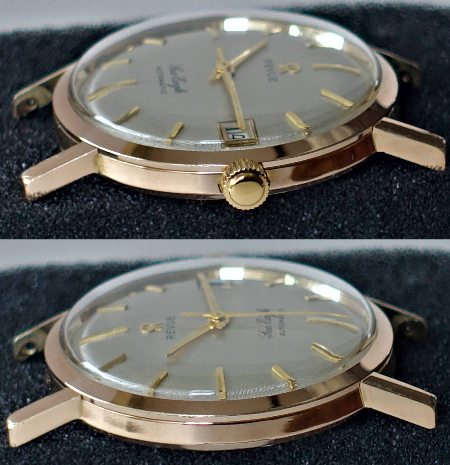 Flache, goldfarbene Armbanduhr mit hellem Zifferblatt, goldenen Zeigern und Datumsanzeige.
