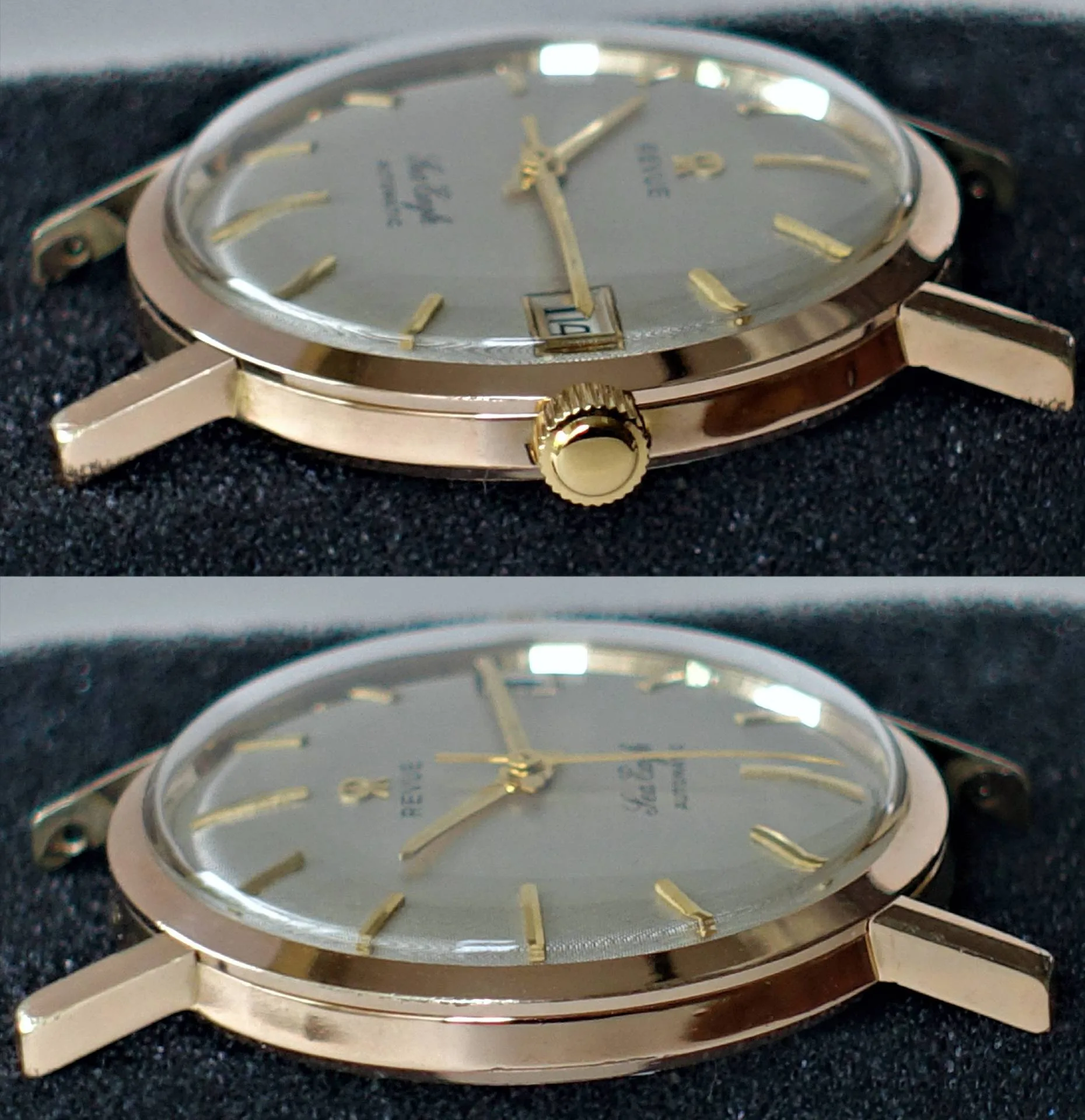 Goldfarbene Armbanduhr Automatik Flache, goldfarbene Armbanduhr mit hellem Zifferblatt, goldenen Zeigern und Datumsanzeige.