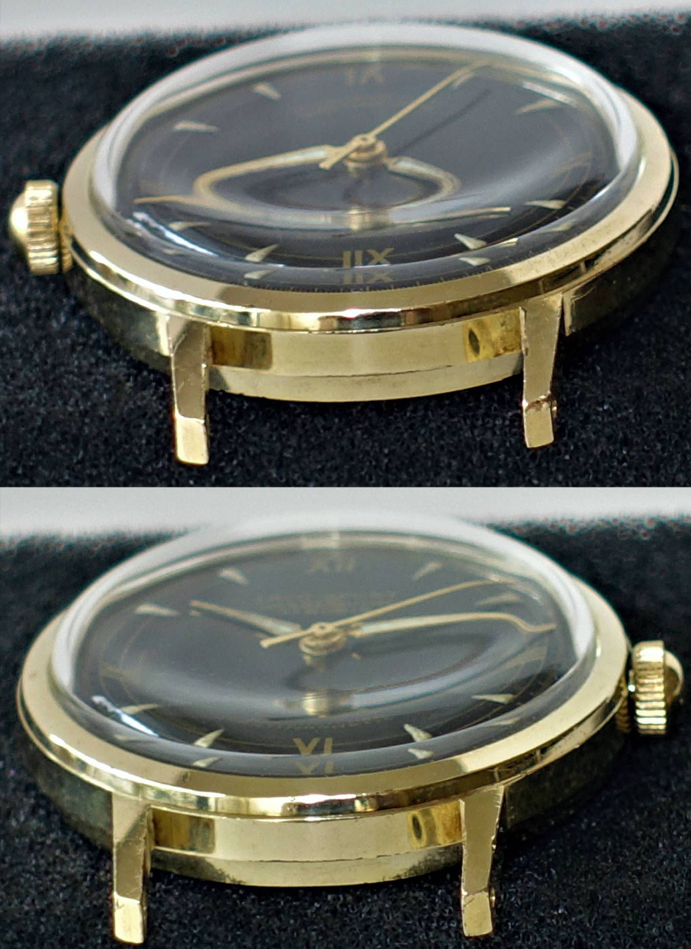 Runde Armbanduhr mit schwarzem Zifferblatt und goldfarbenem Gehäuse.