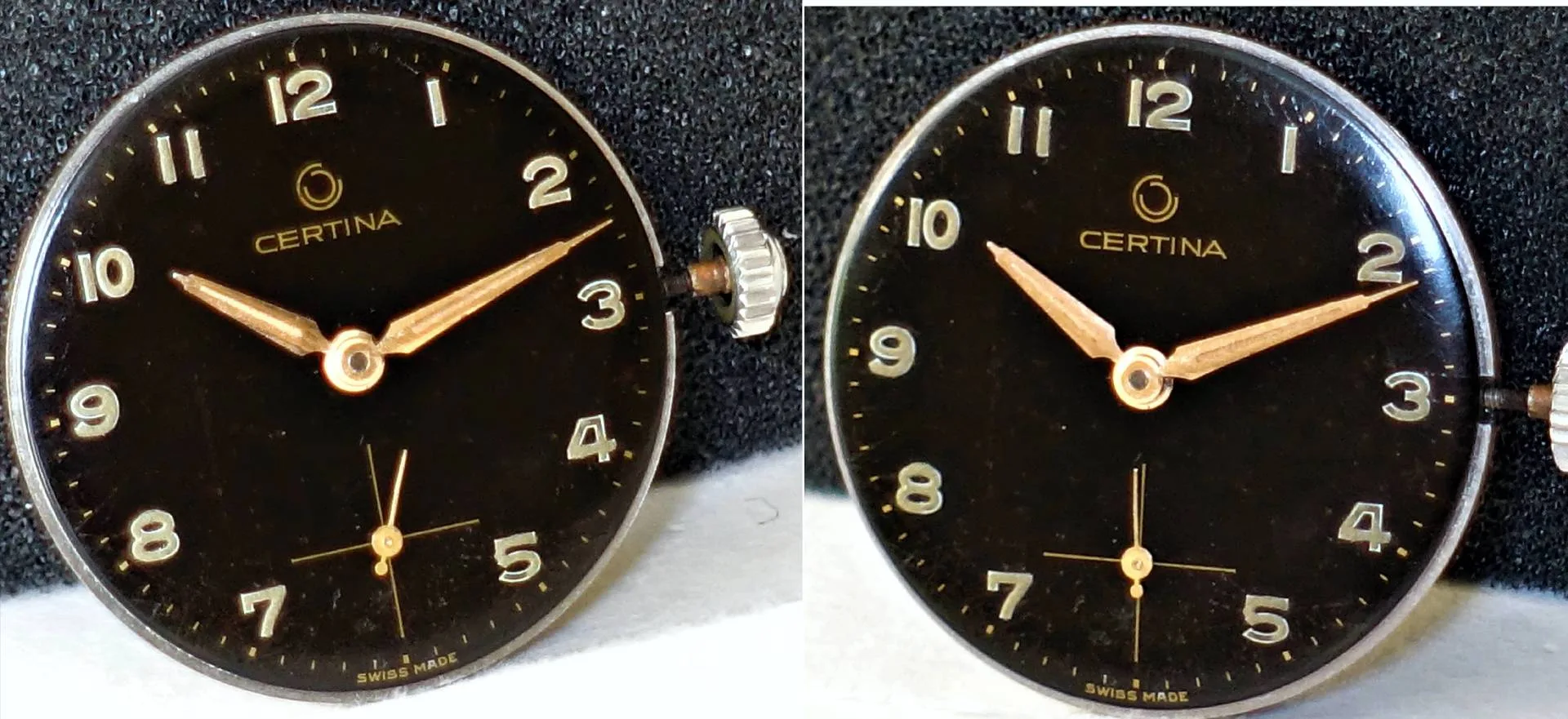 Certina Uhrwerk mit Zifferblatt Schwarzes Certina Uhrwerk mit Zifferblatt, goldfarbenen Zeigern und silberner Krone.