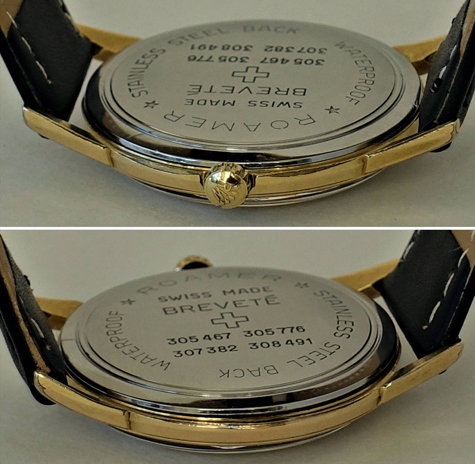 Rückseite einer Roamer Armbanduhr mit silberfarbenem Edelstahlboden und goldfarbenem Gehäuserand.