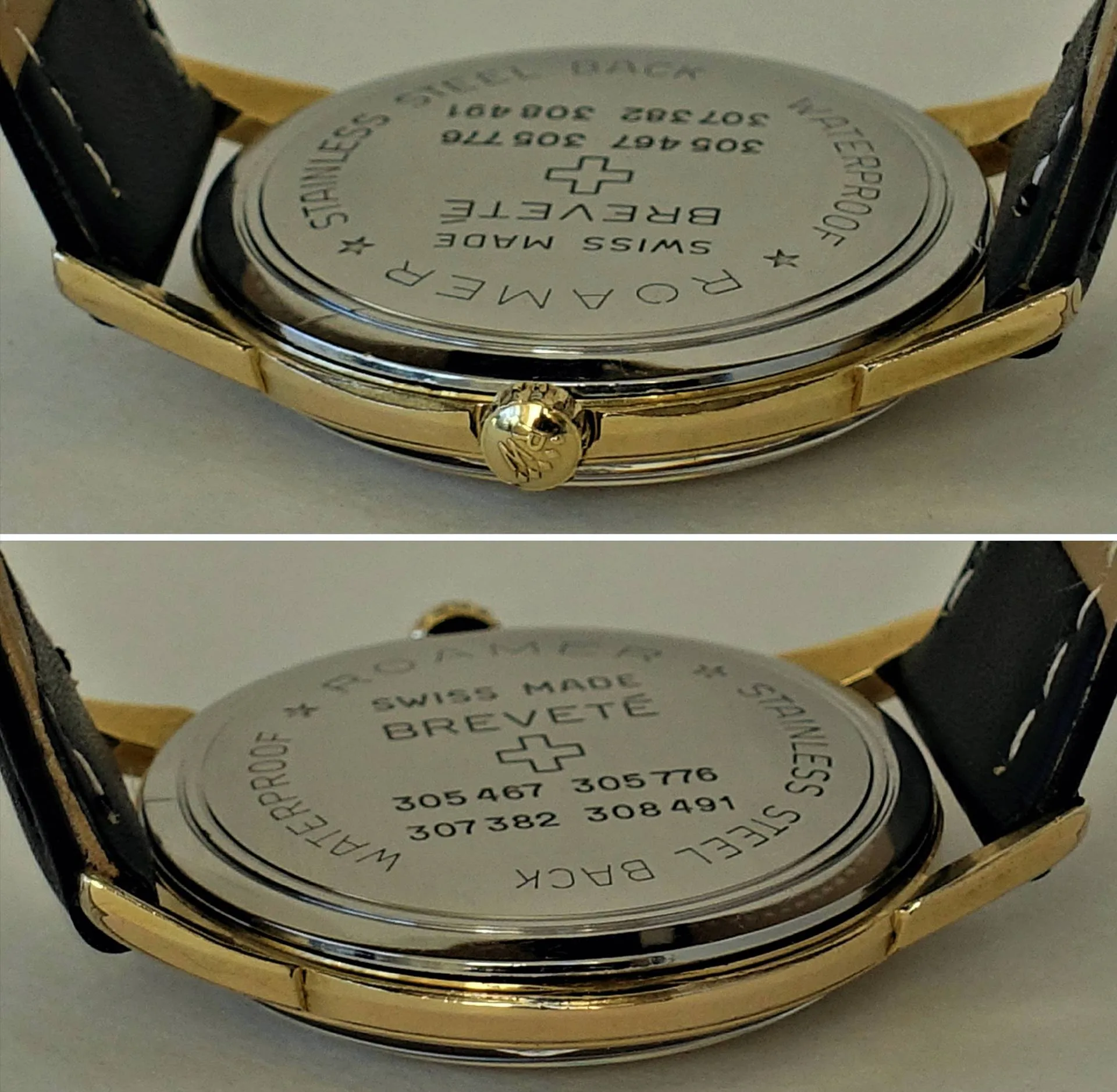 Rückseite einer Roamer Armbanduhr mit silberfarbenem Edelstahlboden und goldfarbenem Gehäuserand.