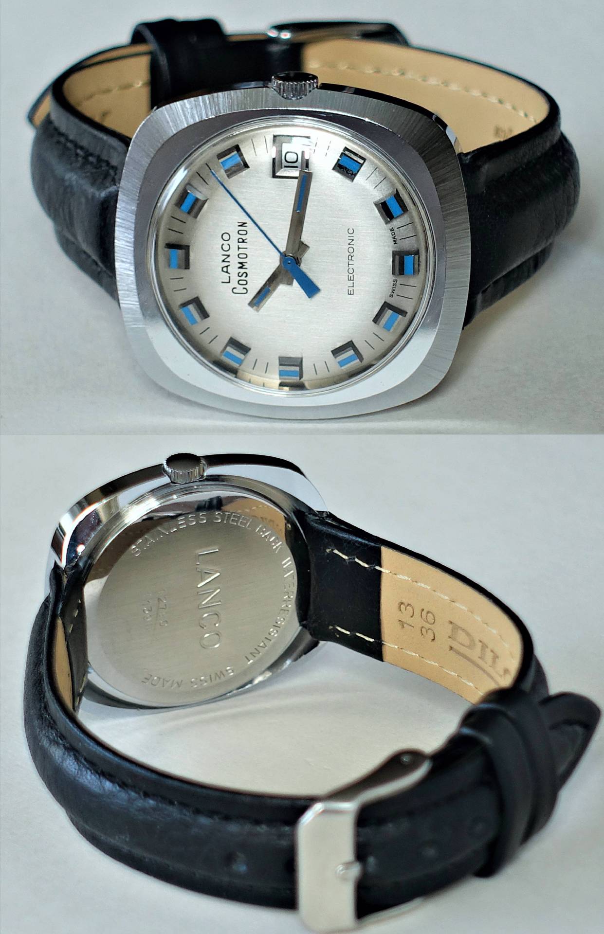 Silberfarbene Armbanduhr mit schwarzem Lederarmband und blau-silbernem Zifferblatt, Rückseite mit Lanco Gravur.