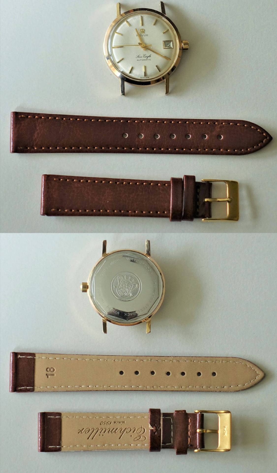 Goldfarbene Armbanduhr mit hellem Zifferblatt und braunem Lederarmband, separat abgebildet.