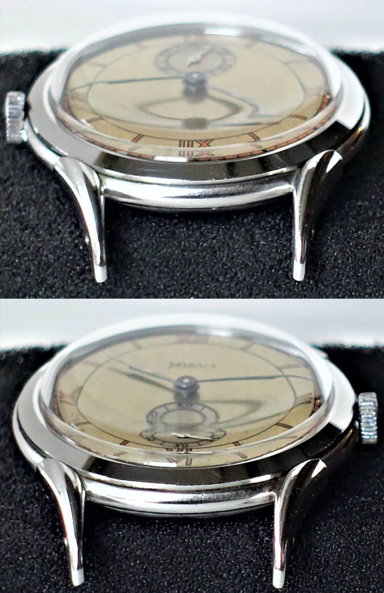 Beige Zifferblatt silberfarbenes Gehäuse Eine Armbanduhr mit beigem Zifferblatt und silberfarbenem Gehäuse liegt auf schwarzem Stoff.
