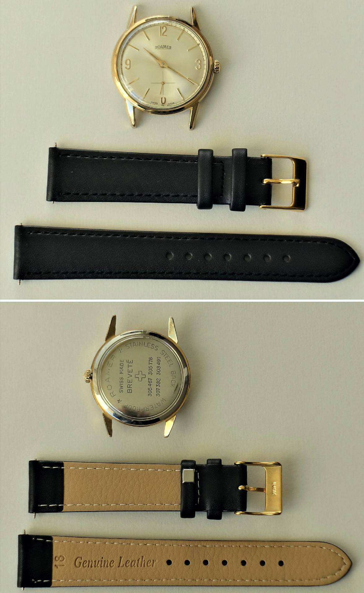 Goldfarbene Roamer Armbanduhr mit hellem Zifferblatt und schwarzem Lederarmband mit goldfarbener Schließe.