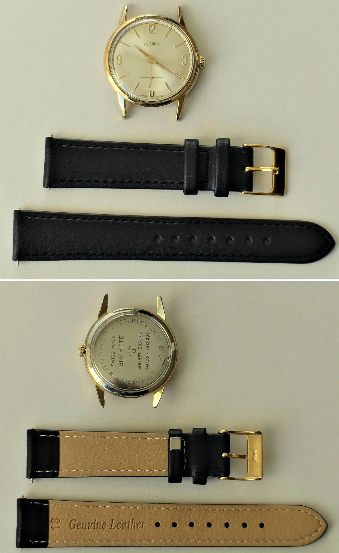 Goldfarbene Roamer Armbanduhr mit hellem Zifferblatt und schwarzem Lederarmband mit goldfarbener Schließe.