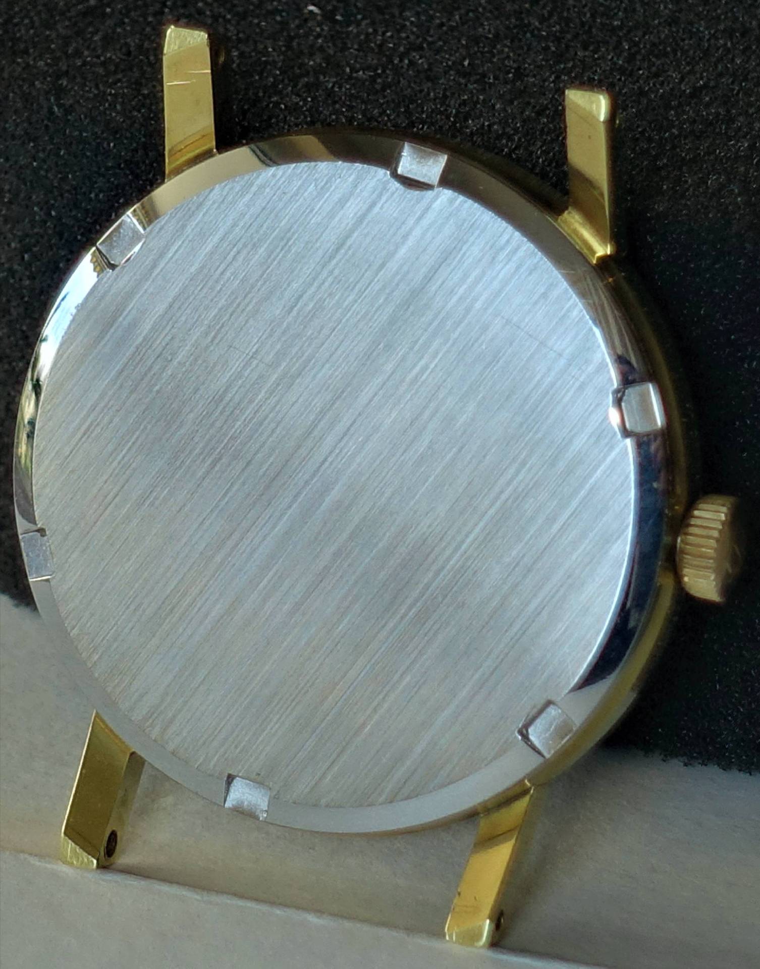 Rundes Uhrgehäuse mit goldfarbenen Hörnern und silberfarbener Rückseite.