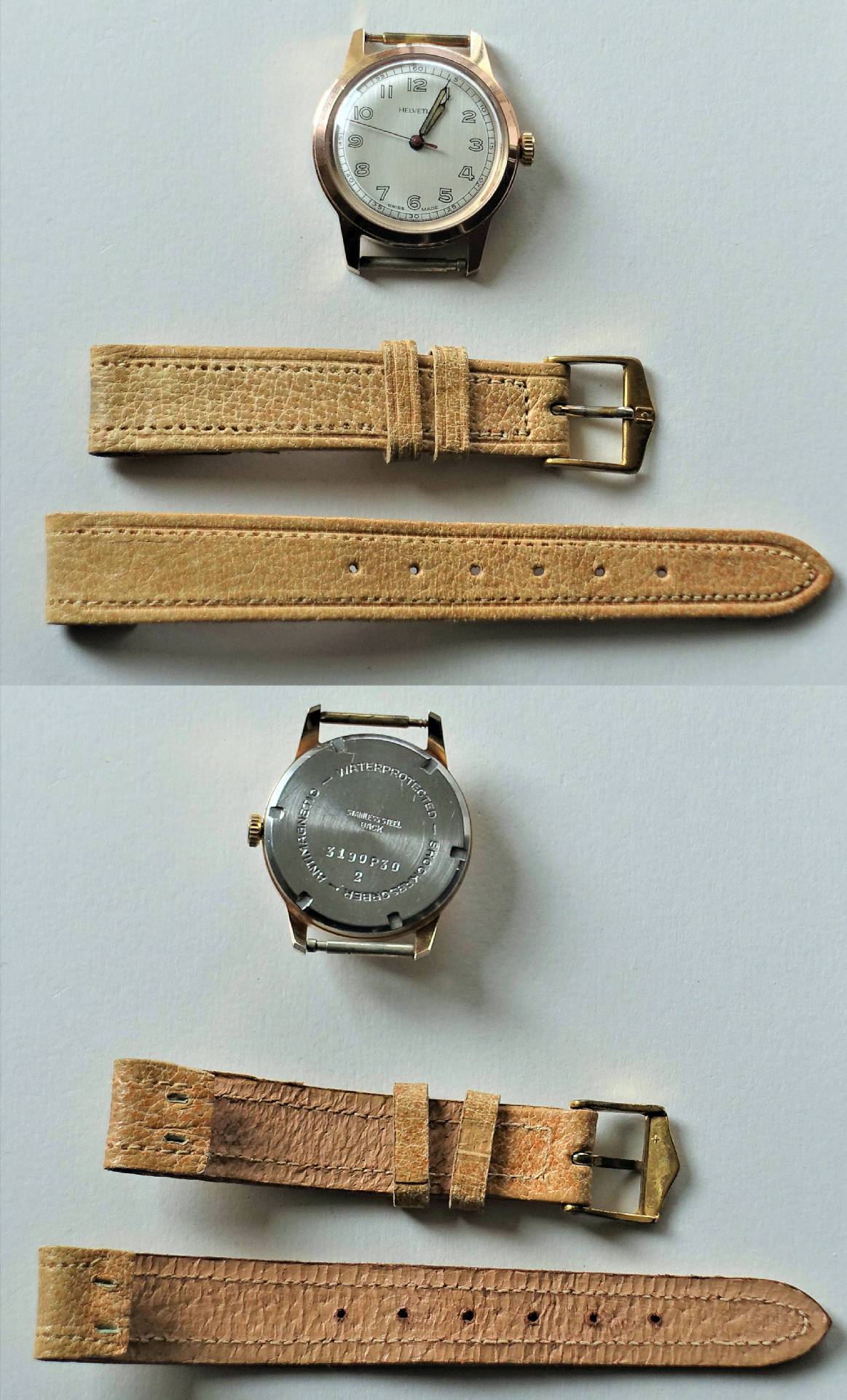 Runde Armbanduhr mit hellem Zifferblatt und beigem Lederarmband mit goldfarbener Schließe.