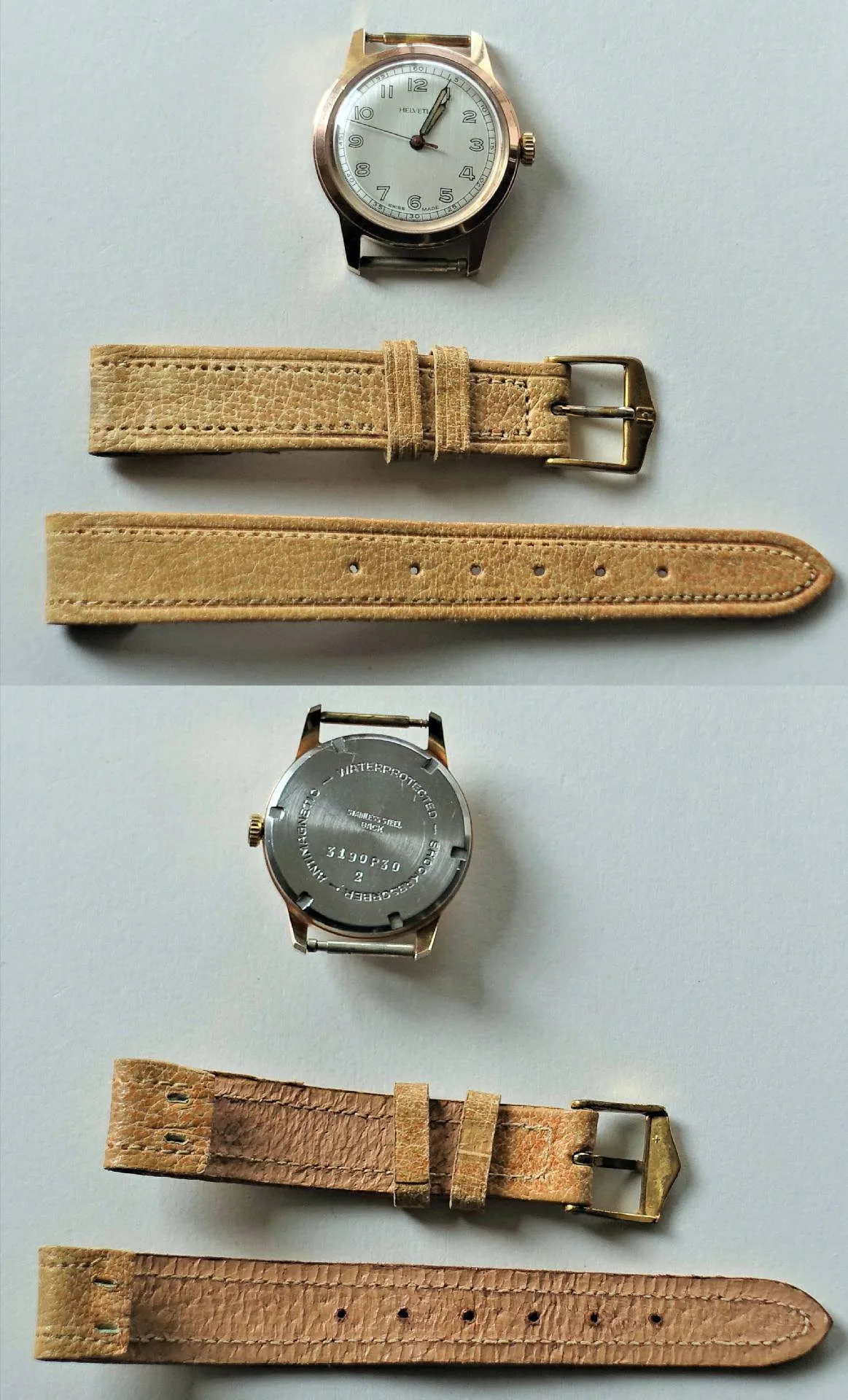 Armbanduhr mit hellem Lederarmband Runde Armbanduhr mit hellem Zifferblatt und beigem Lederarmband mit goldfarbener Schließe.
