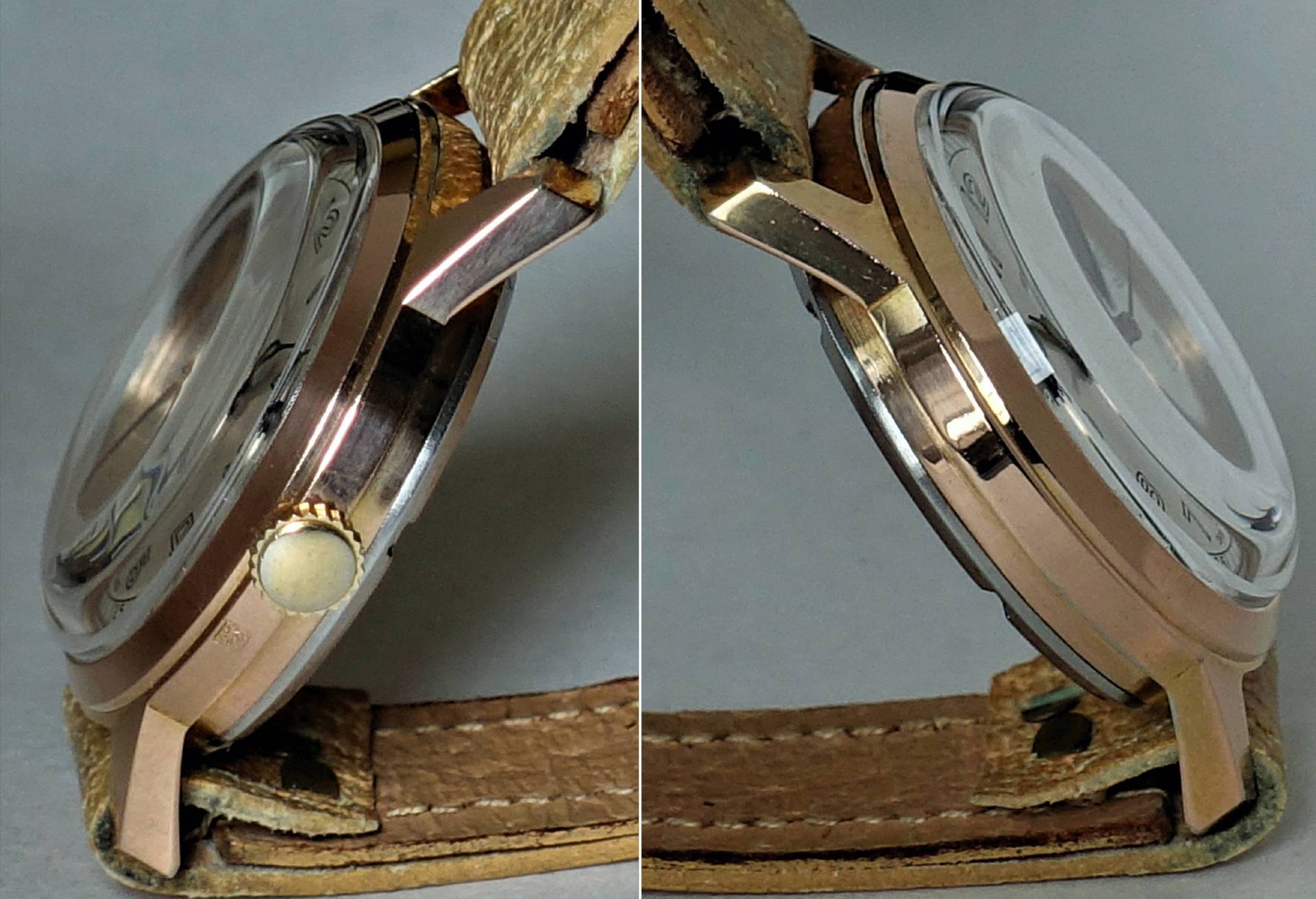 Gehäuse einer Armbanduhr in goldfarbener Optik mit beigem Lederarmband und seitlicher Krone.