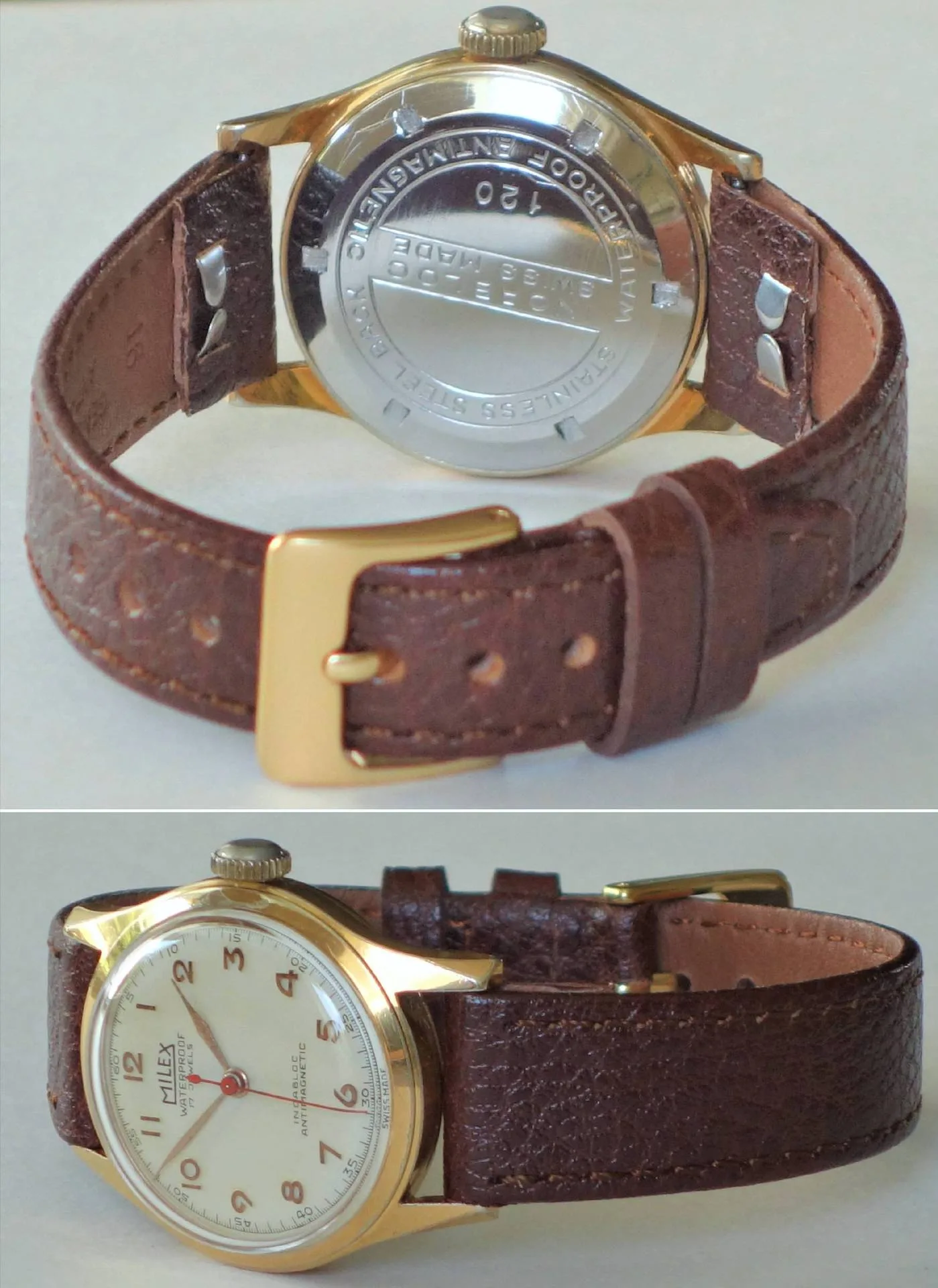 Armbanduhr braun goldfarben Analoge Armbanduhr mit braunem Lederarmband und goldfarbenem Gehäuse.