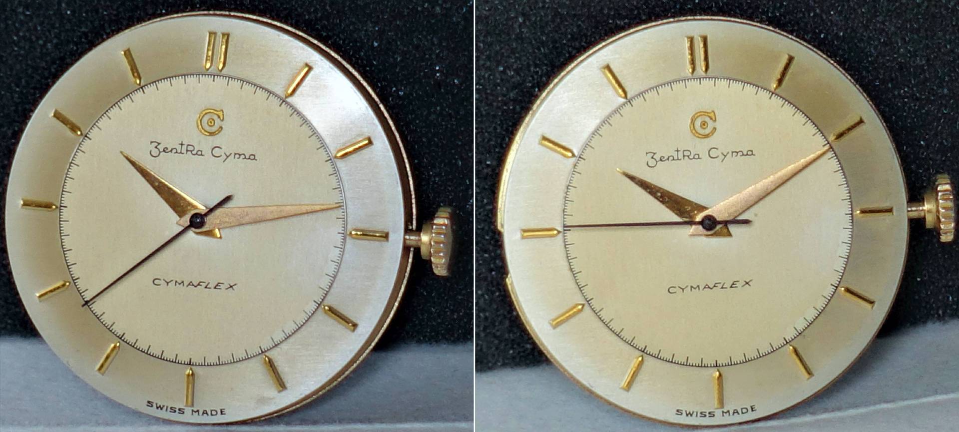 Rundes Uhrwerk mit goldfarbenen Zeigern und Indizes, silberfarbenem Zifferblatt und seitlicher Krone, Aufschrift "ZentRa Cyma" und "CYMAFLEX".