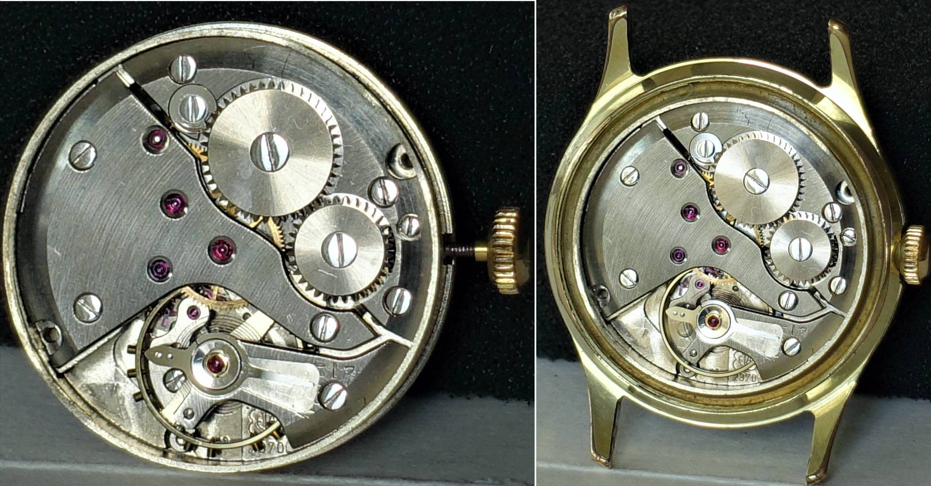 Mechanisches silberfarbenes Uhrwerk mit sichtbaren Zahnrädern und goldfarbener Krone.