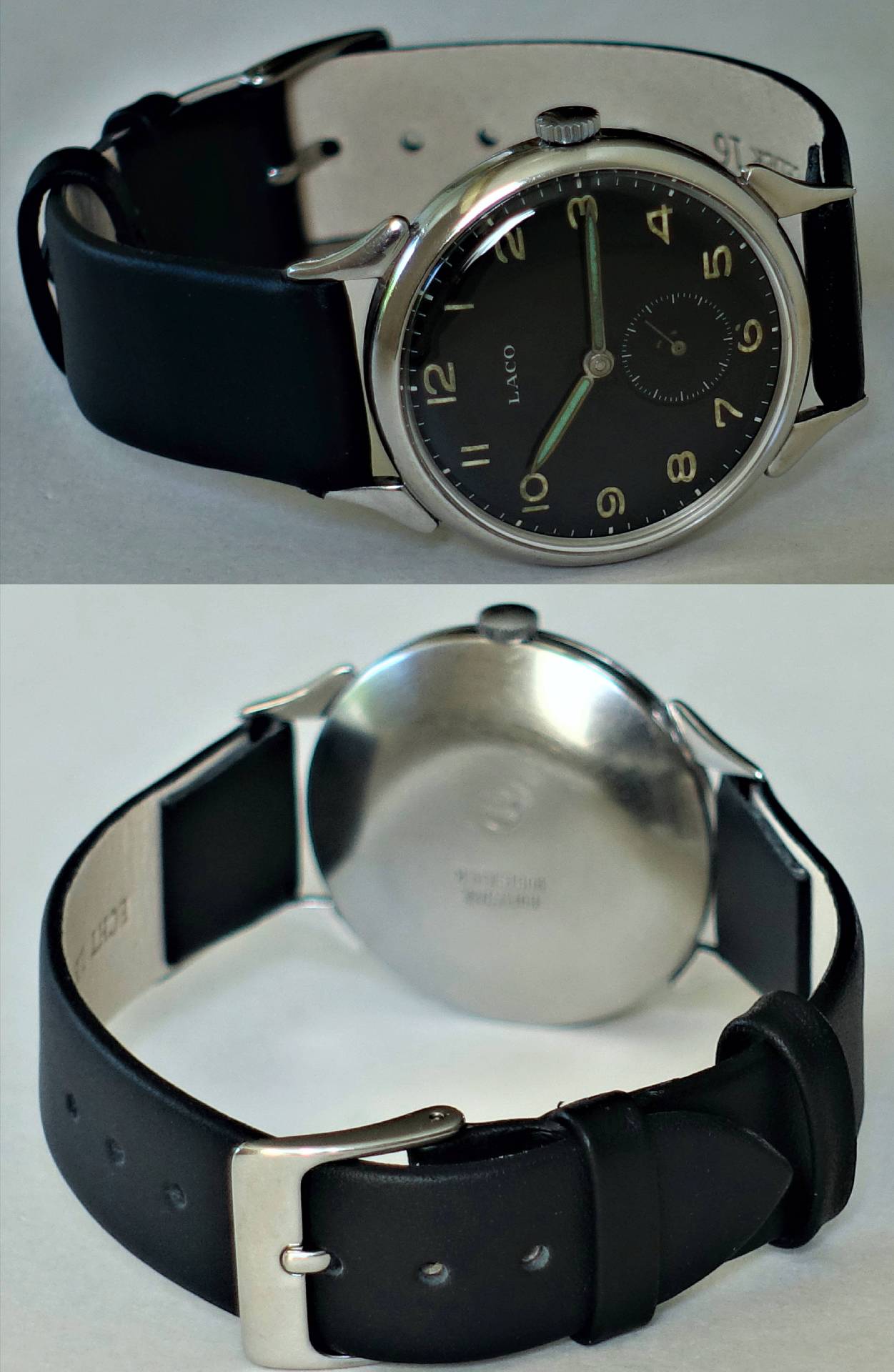 Schwarze Armbanduhr mit silberfarbenem Gehäuse und schwarzem Lederarmband.
