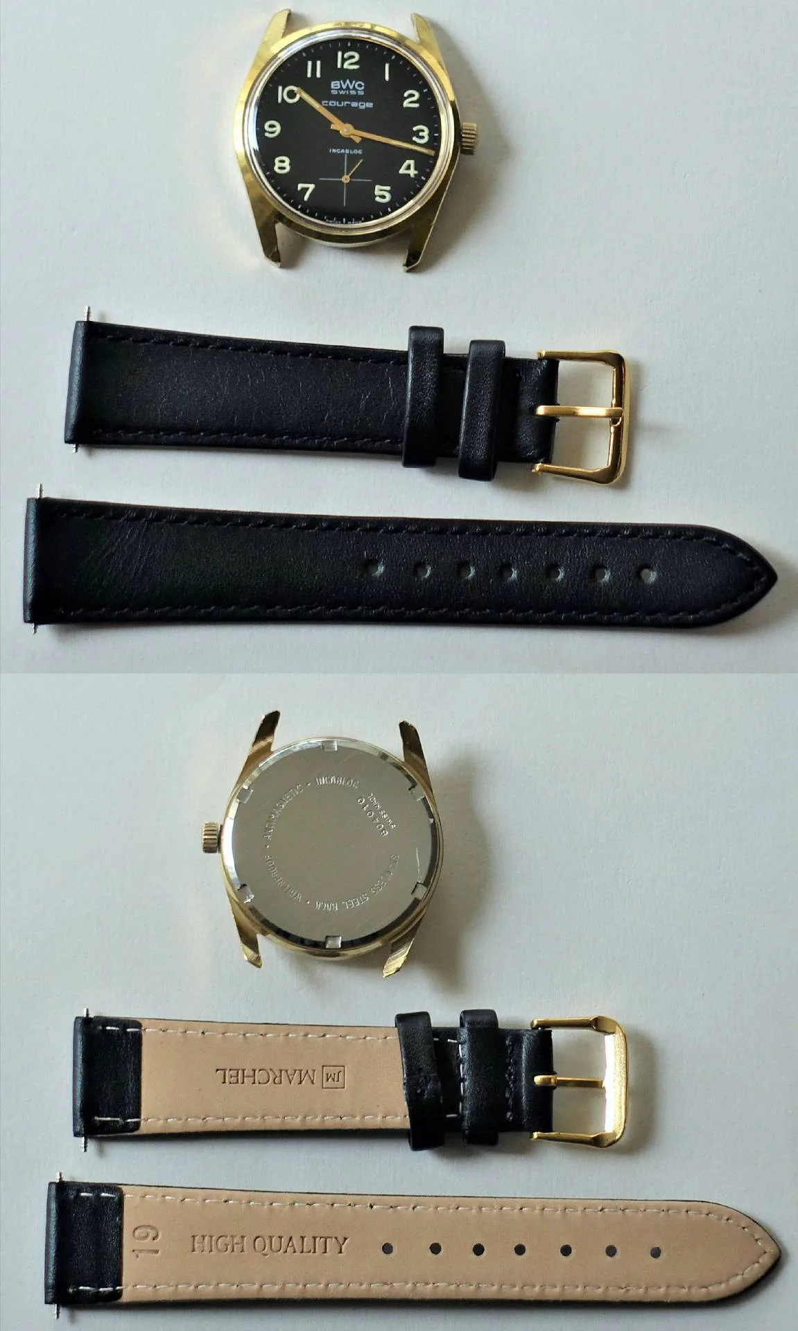 Schwarze Armbanduhr mit goldfarbenem Gehäuse und schwarzem Lederarmband.