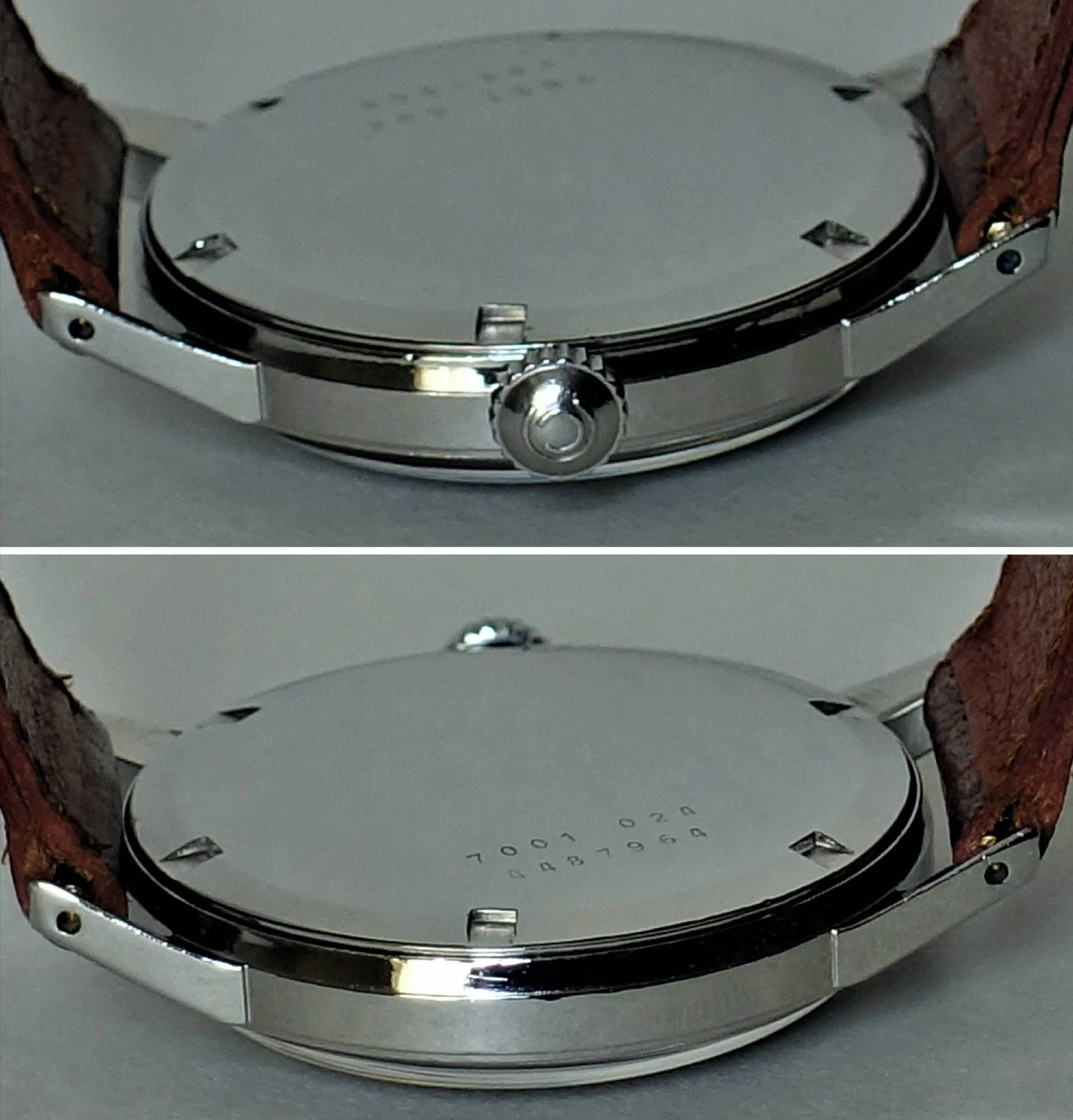 Uhrgehäuse silberfarben rund Rundes silberfarbenes Uhrgehäuse mit glattem Boden und braunem Armband.