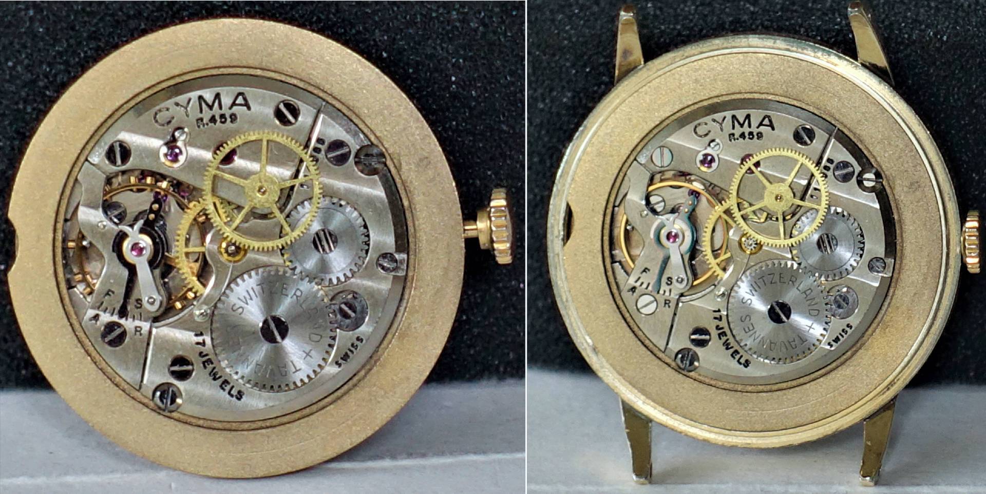 Mechanisches Uhrwerk CYMA R.459 mit sichtbaren Zahnrädern und goldfarbener Krone in rundem Gehäuse.