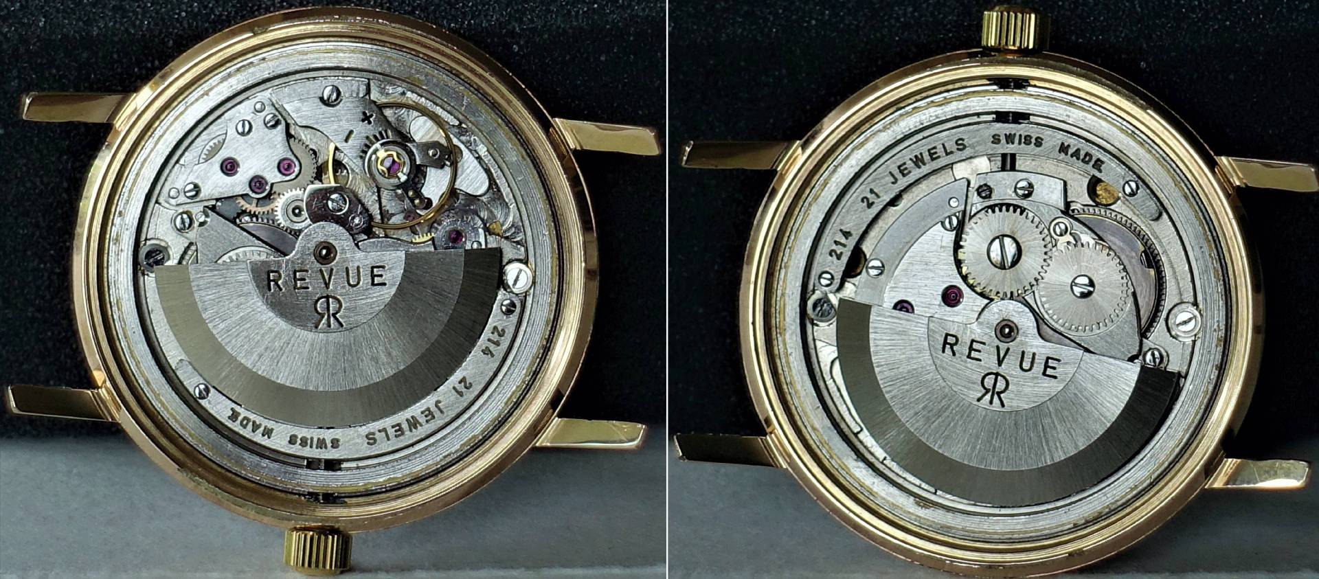 Silberfarbenes Automatik-Uhrwerk von Revue in einem goldfarbenen Gehäuse, sichtbare Zahnräder und Rotor.