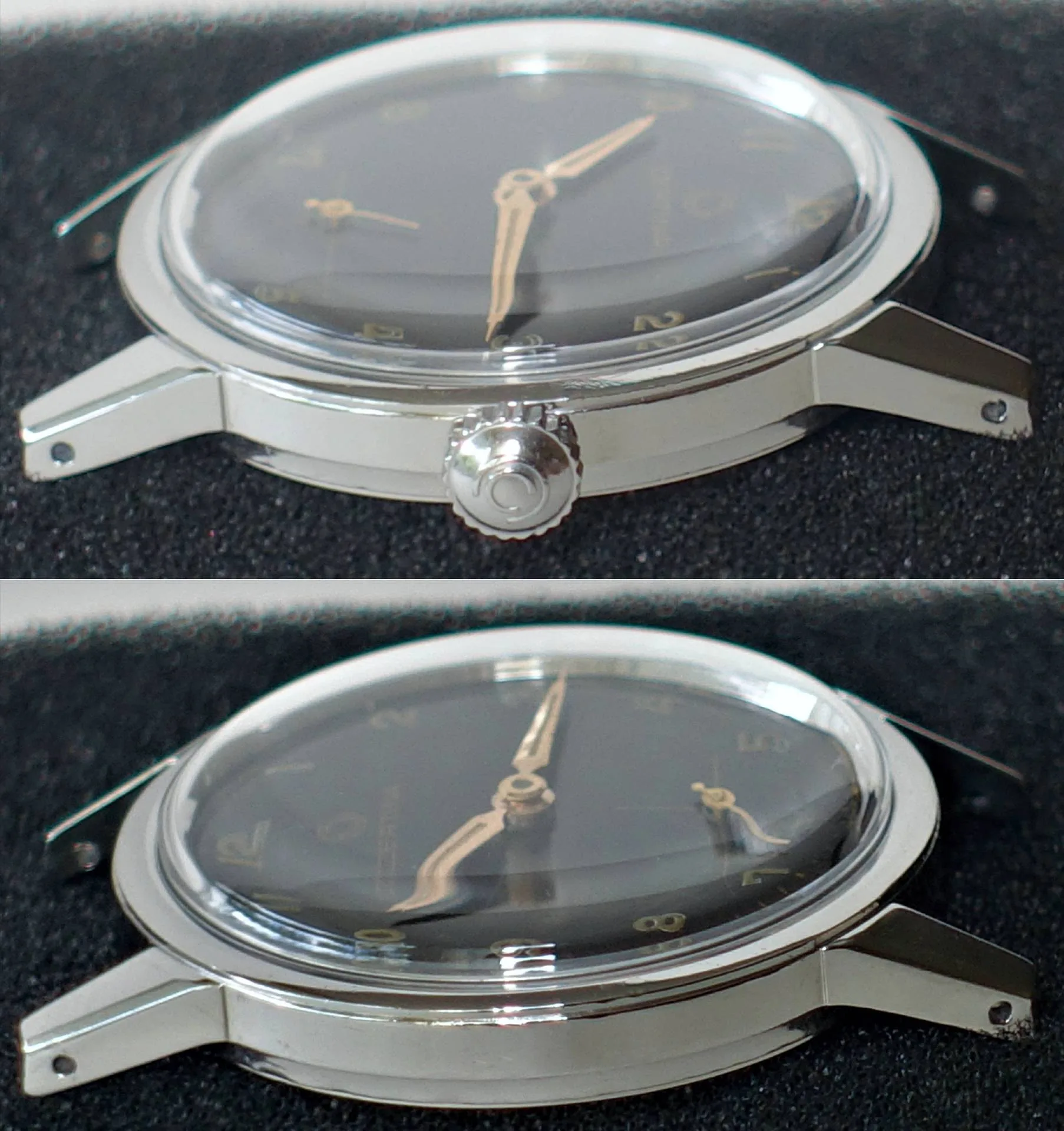 Silberfarbene Armbanduhr mit schwarzem Zifferblatt und goldfarbenen Zeigern ohne Armband.