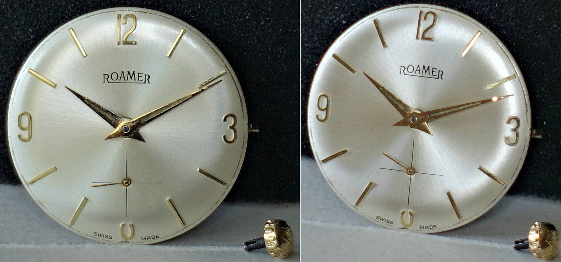 Rundes Zifferblatt einer Roamer Armbanduhr in goldfarbener Optik mit goldfarbenen Zeigern und Indizes, daneben eine goldfarbene Krone.