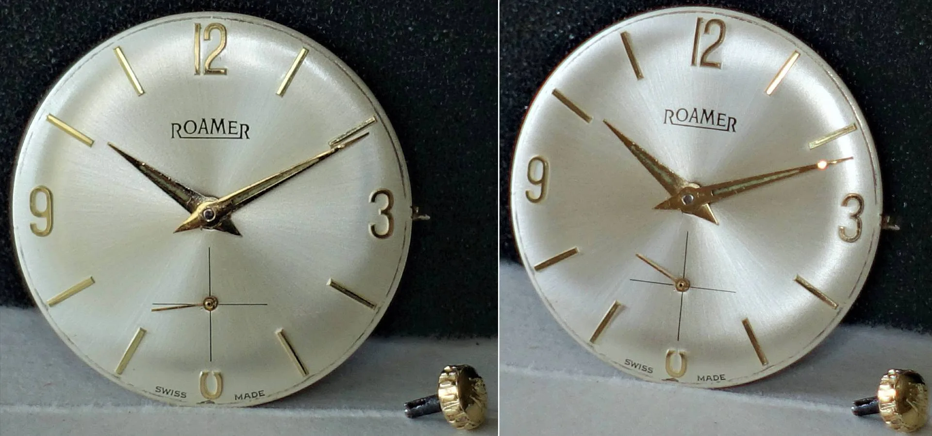 Rundes Zifferblatt einer Roamer Armbanduhr in goldfarbener Optik mit goldfarbenen Zeigern und Indizes, daneben eine goldfarbene Krone.