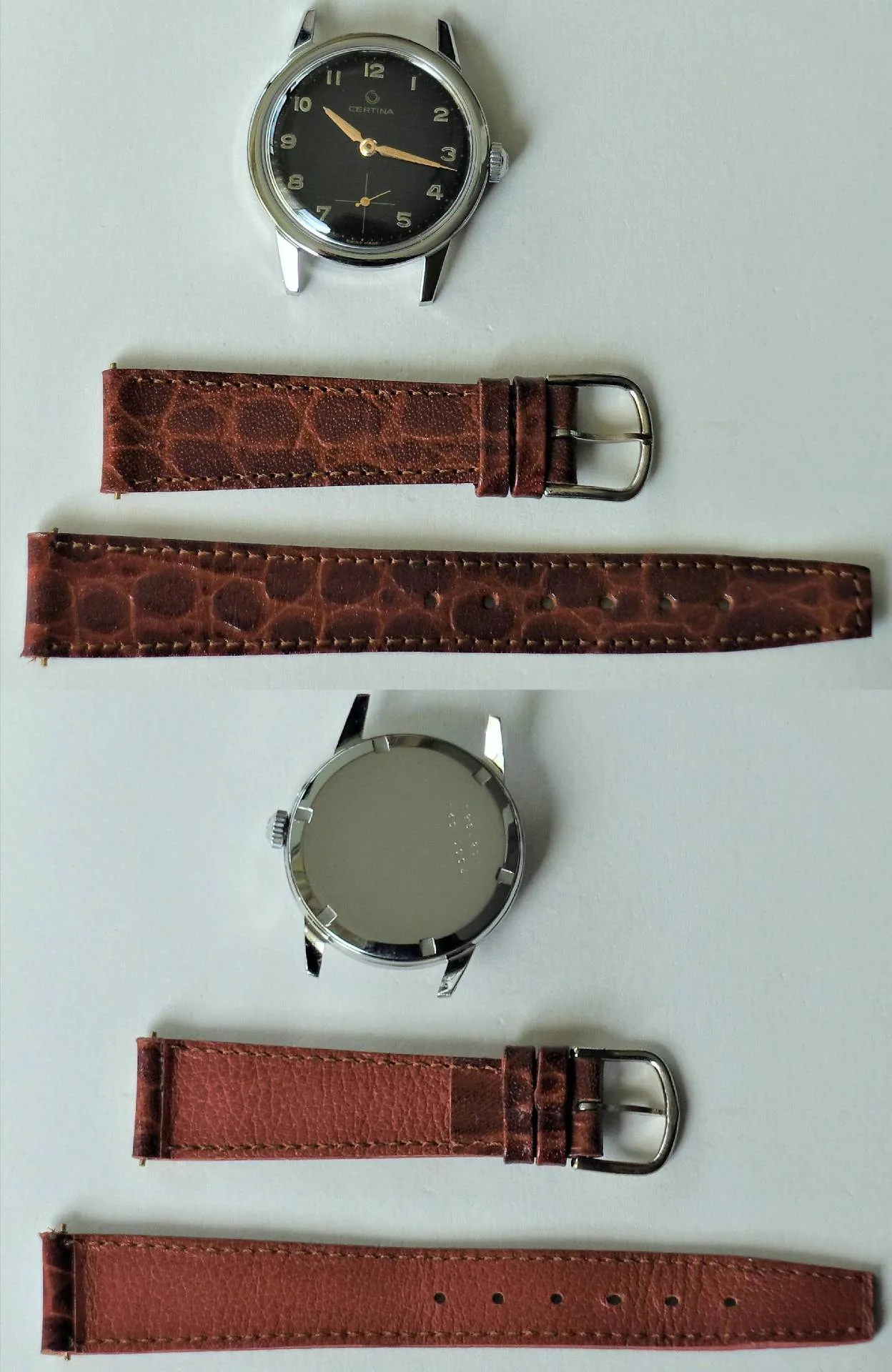 Certina Armbanduhr schwarz Silberfarbene Certina Armbanduhr mit schwarzem Zifferblatt und braunem Lederarmband.